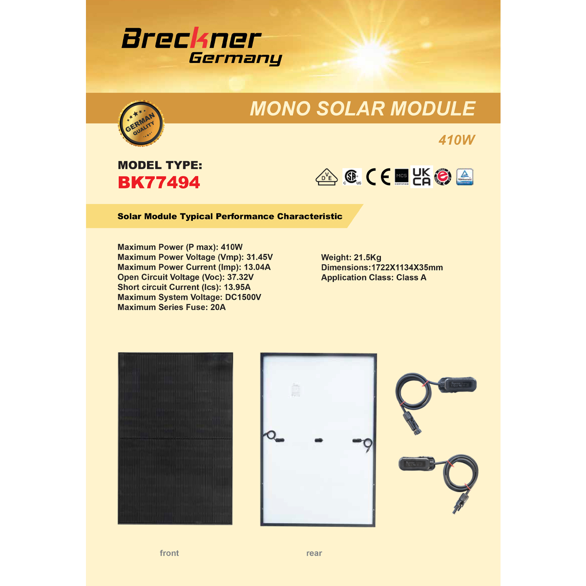 Panou solar 410W fotovoltaic monocristalin 37V cablu si conector MC4 1722x1134x35mm Breckner Germany – imagine 2