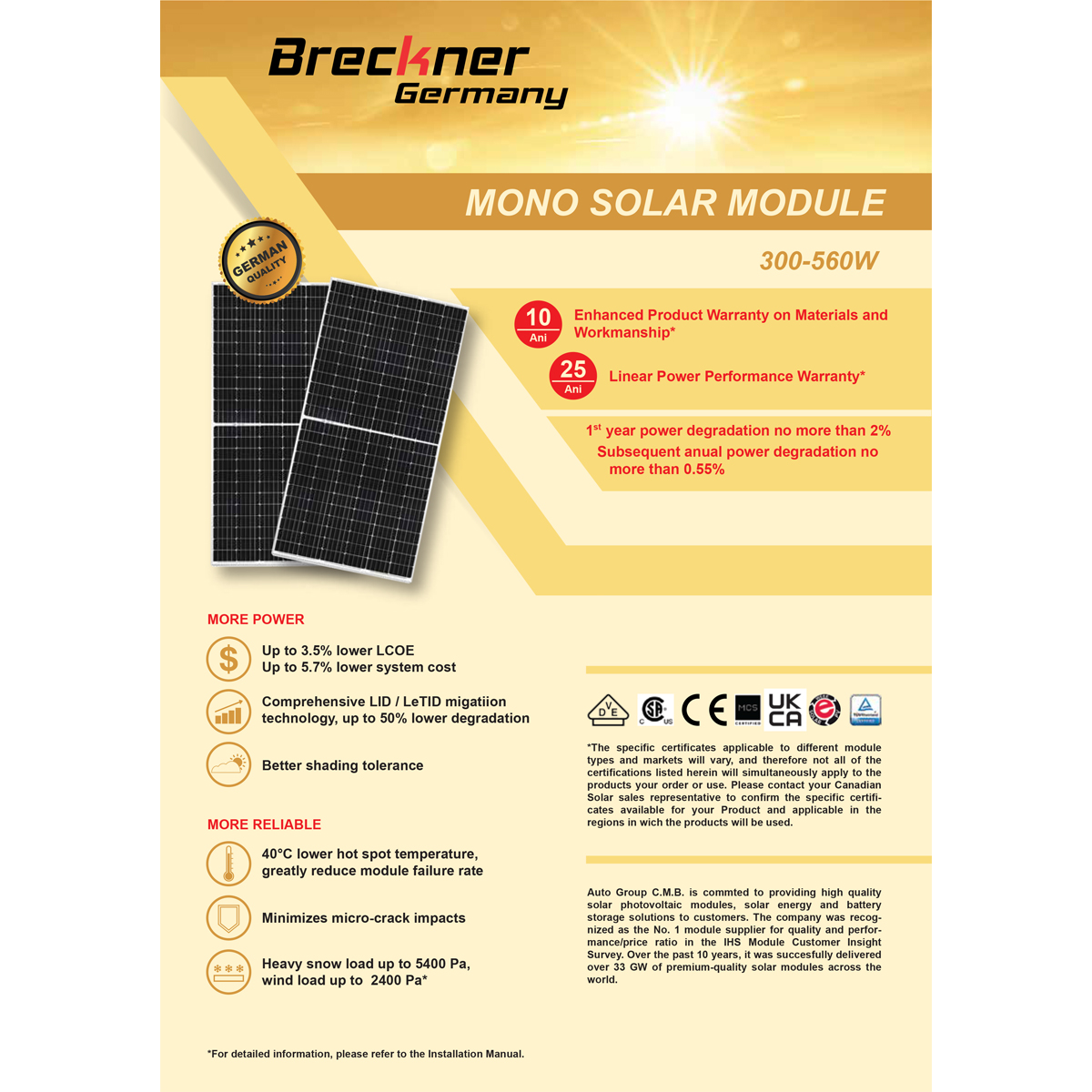 Panou solar 410W fotovoltaic monocristalin 37V cablu si conector MC4 1722x1134x35mm Breckner Germany – imagine 7