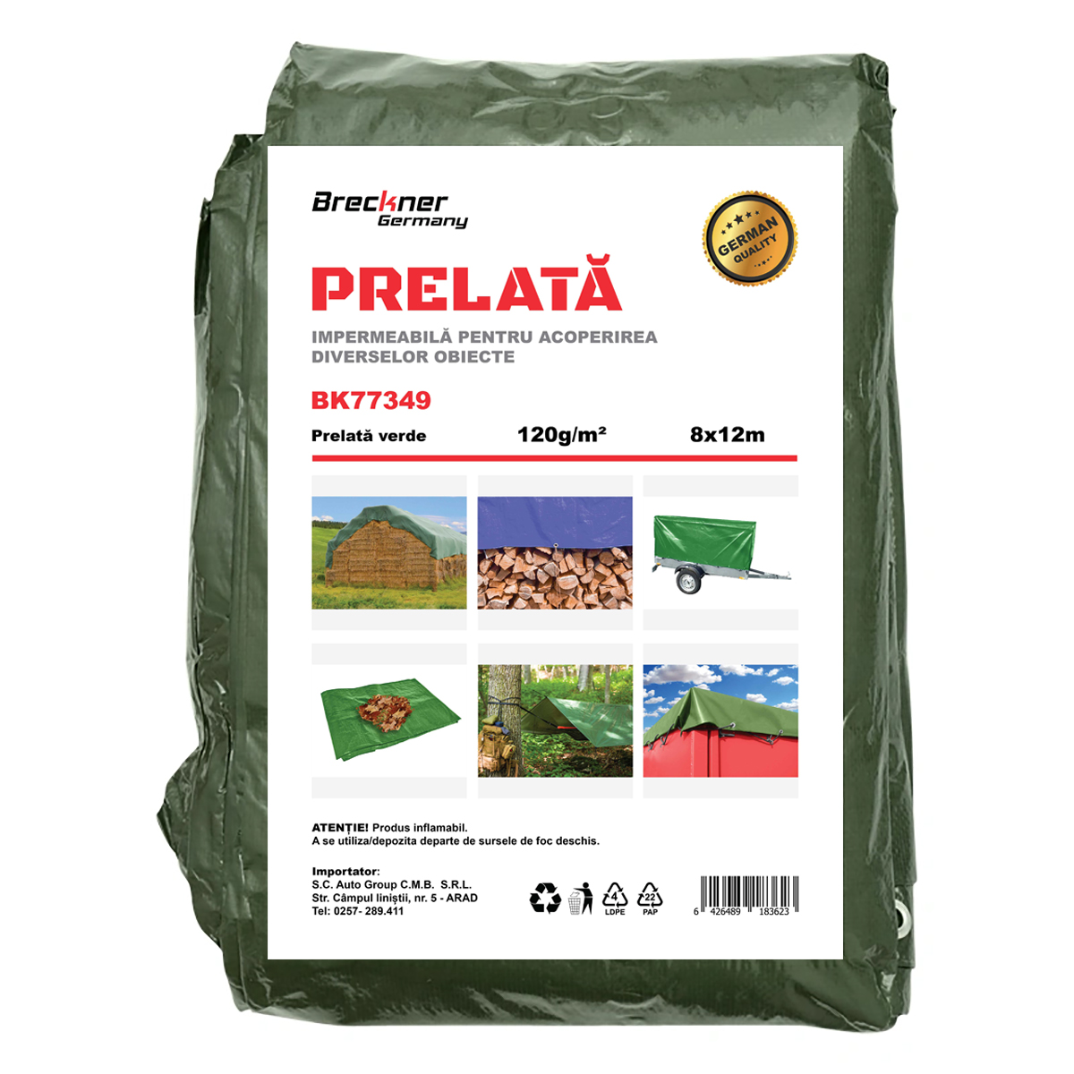 Prelata cu ochiuri de prindere 120g/m2 verde 8x12m Breckner Germany