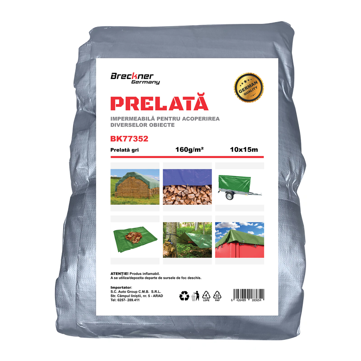 Prelata cu ochiuri de prindere 160g/m2 gri 10x15m Breckner Germany
