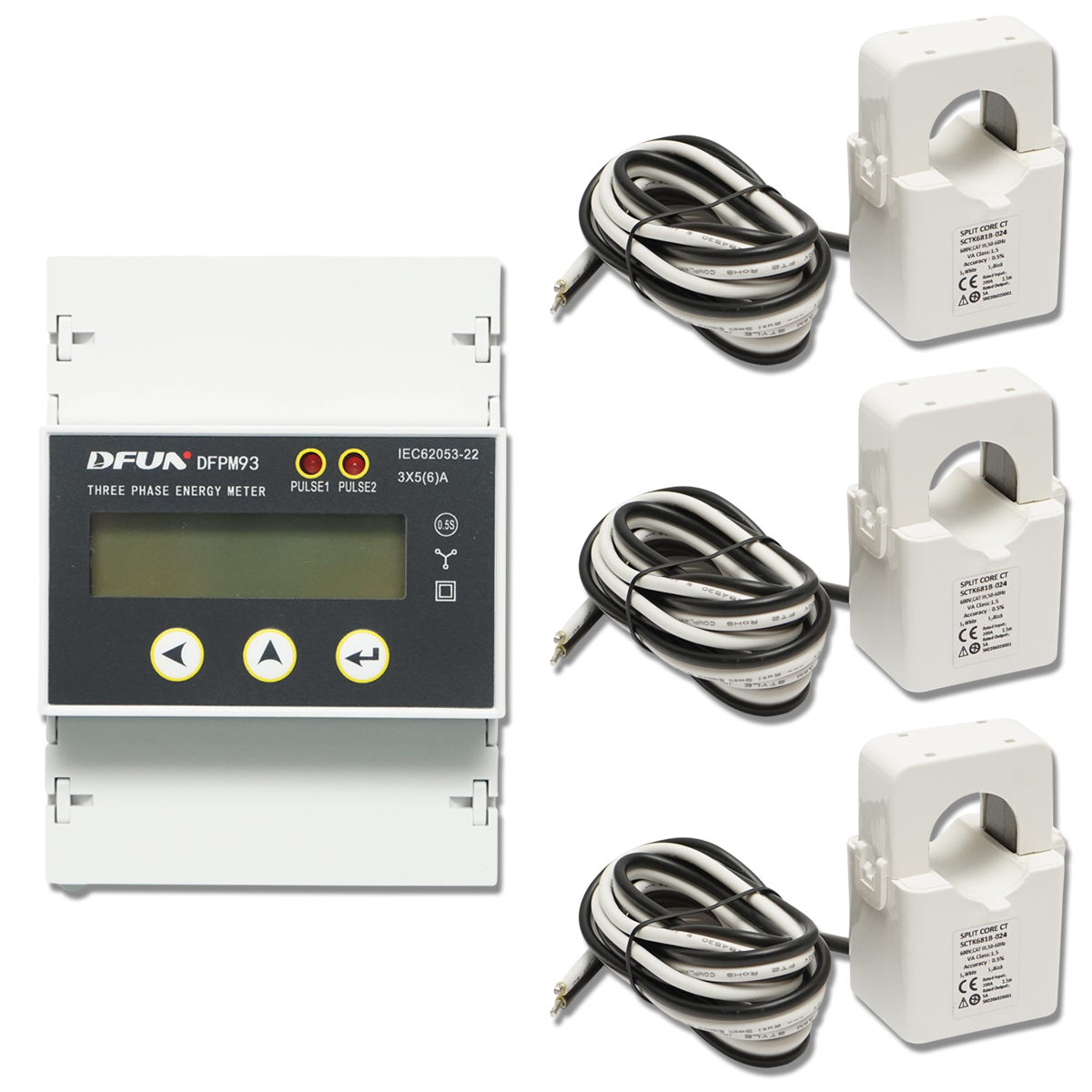Kit releu putere DFUN DFPM93, smart meter, trifazic 3x220-380V, 6400imp/Kwh cu siguranta digitala, transformator Split Core 600V, 200A/5A, 50-60Hz