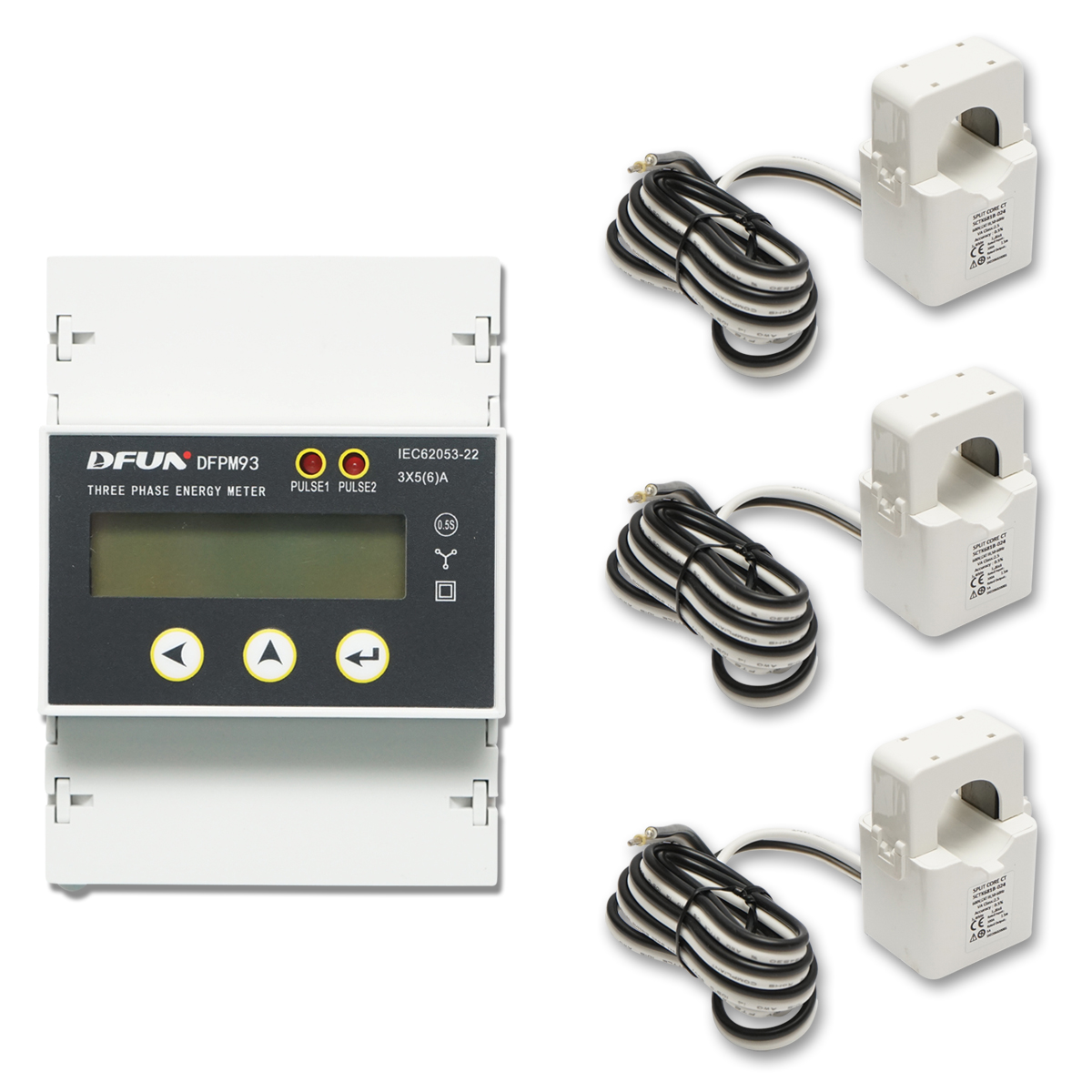 Kit releu putere DFUN DFPM93 smart meter, trifazic 3x220-380V, 6400imp/Kwh cu siguranta digitala, transformator Split Core 600V, 300A/5A, 50-60Hz