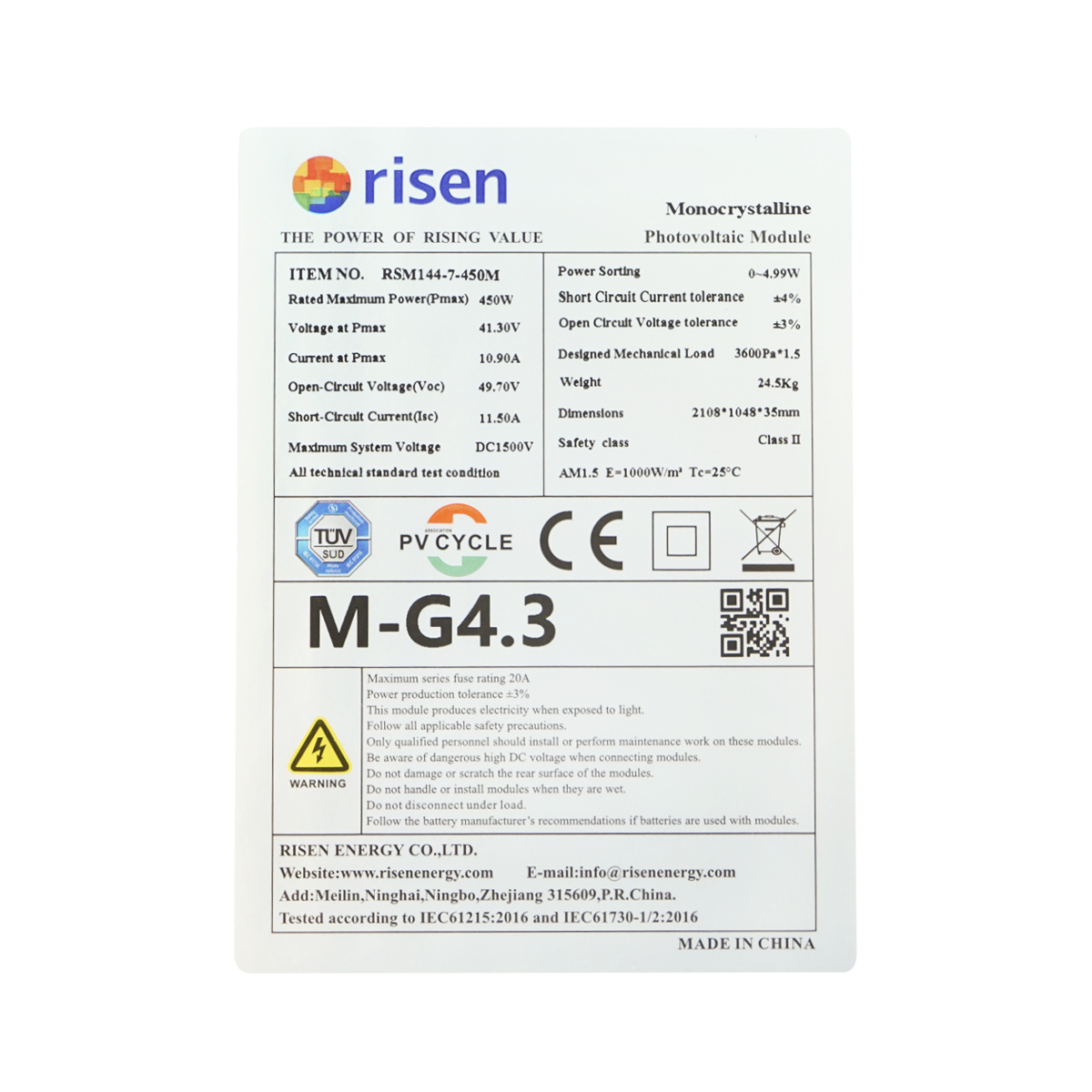 Panou solar Risen 450W fotovoltaic, monocristalin 2108x1048x35mm – imagine 4