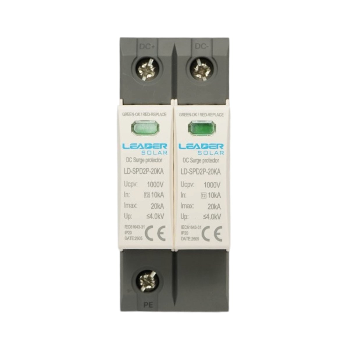 Descarcator la supratensiune cu semnalizare pentru sisteme fotovoltaice LD-SPD-2P-20kA-1000V DC Leader