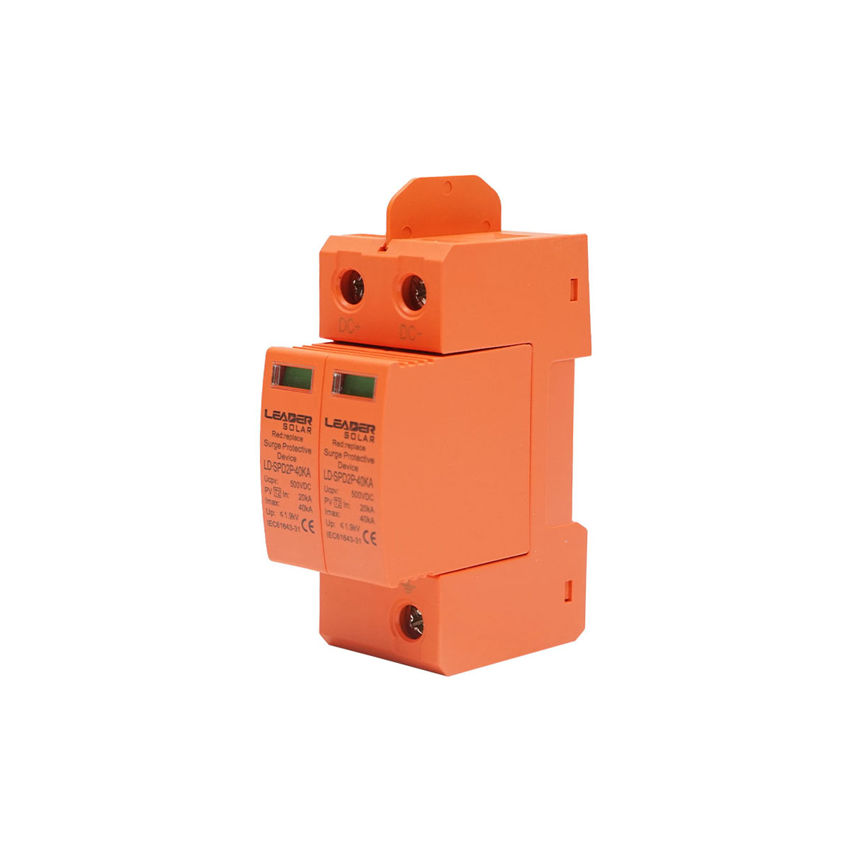 Descarcator la supratensiune cu semnalizare pentru sisteme fotovoltaice LD-SPD-2P-40kA-500VDC Leader – imagine 2