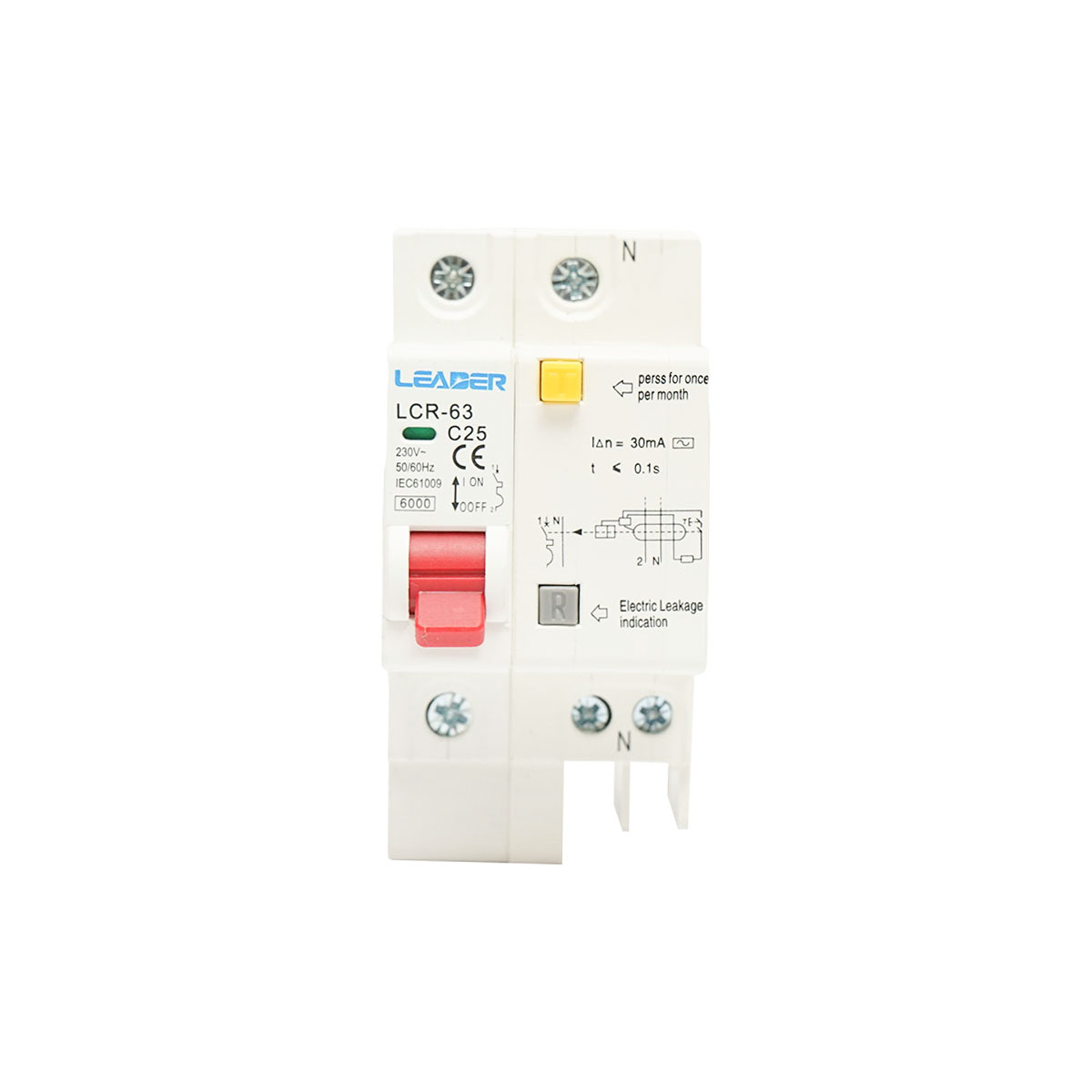 Siguranta diferentiala automata RCBO 1P+N, 25A, 230V AC, 30mA, 6kA Leader