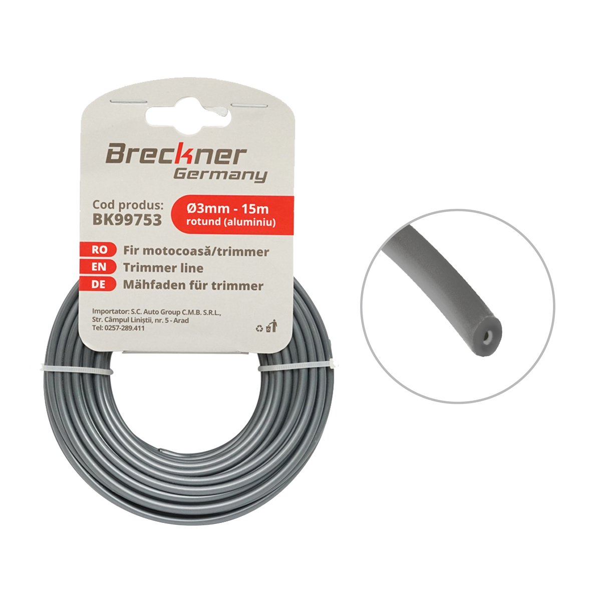 Fir rotund pentru motocoasa 3mm x 15m cu insertie metalica Breckner Germany