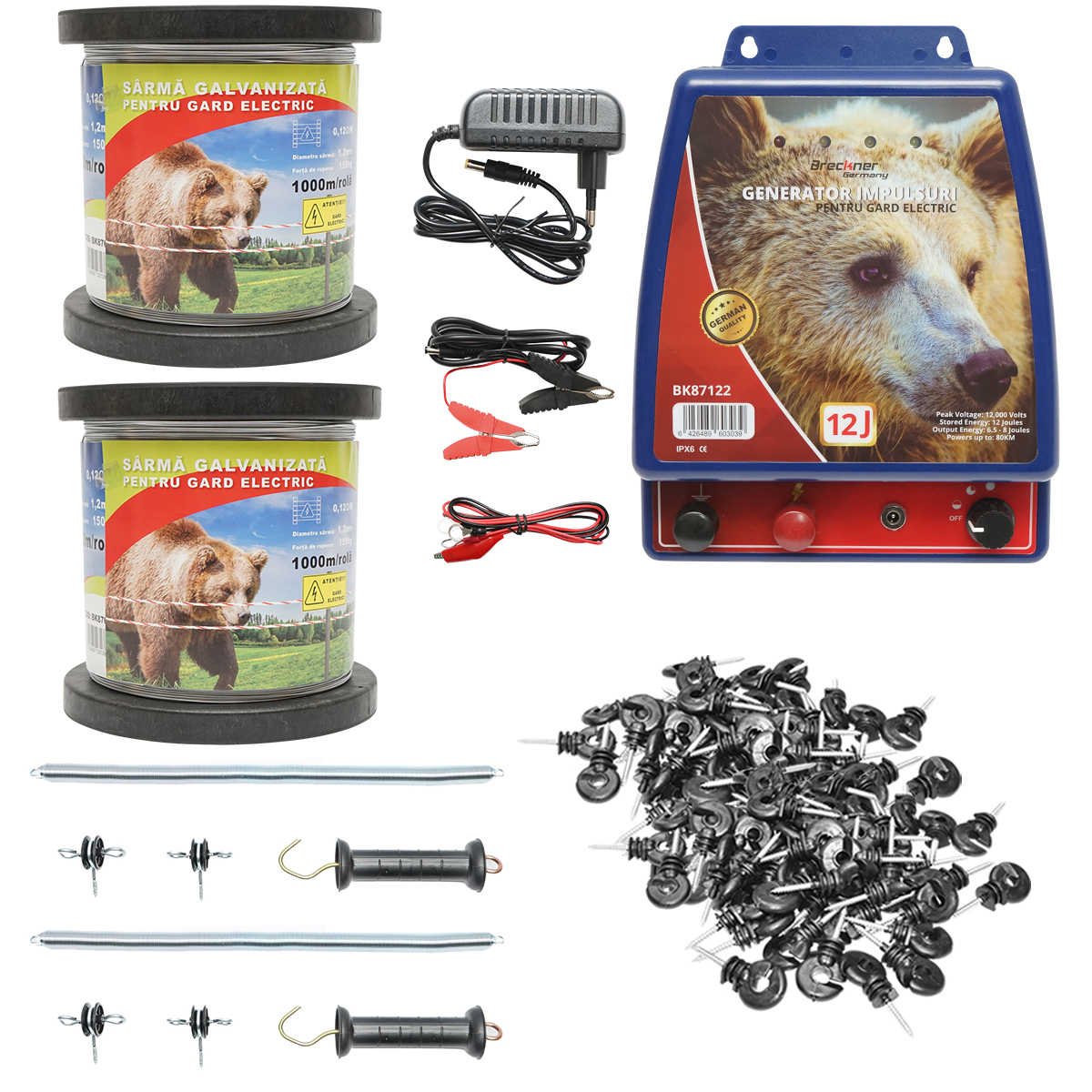 Kit complet gard electric 12V-220V, 12 Joule, lungime sarma 2000m, 200 izolatori, kit poarta Breckner Germany