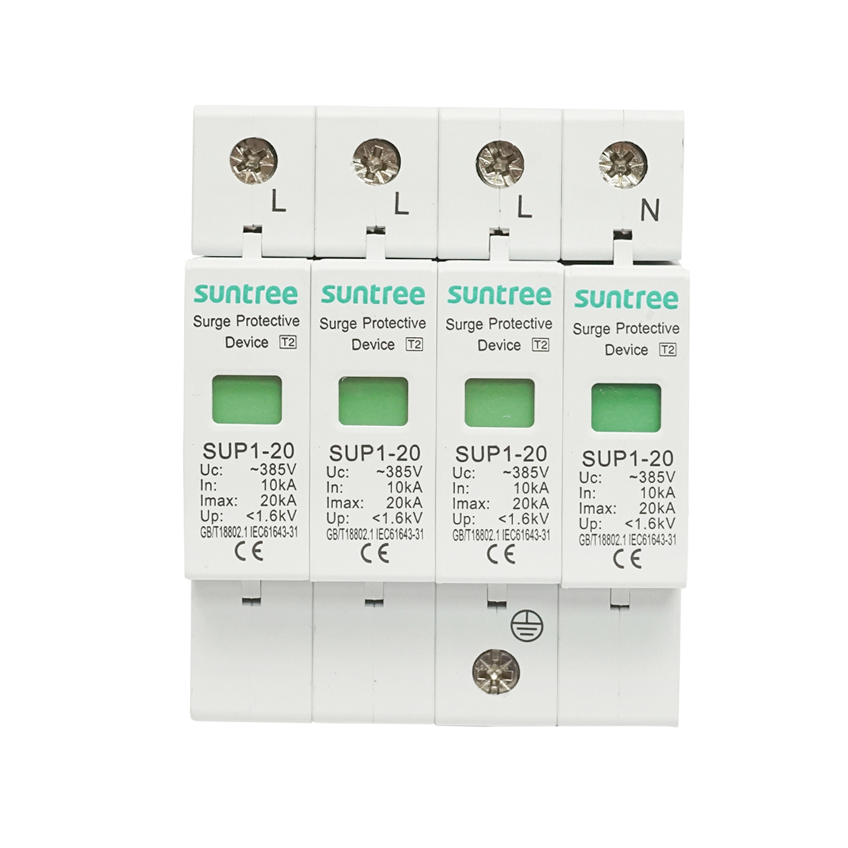 Descarcator la supratensiune cu semnalizare pentru sisteme fotovoltaice 4P, SUP1-20, 385V Suntree