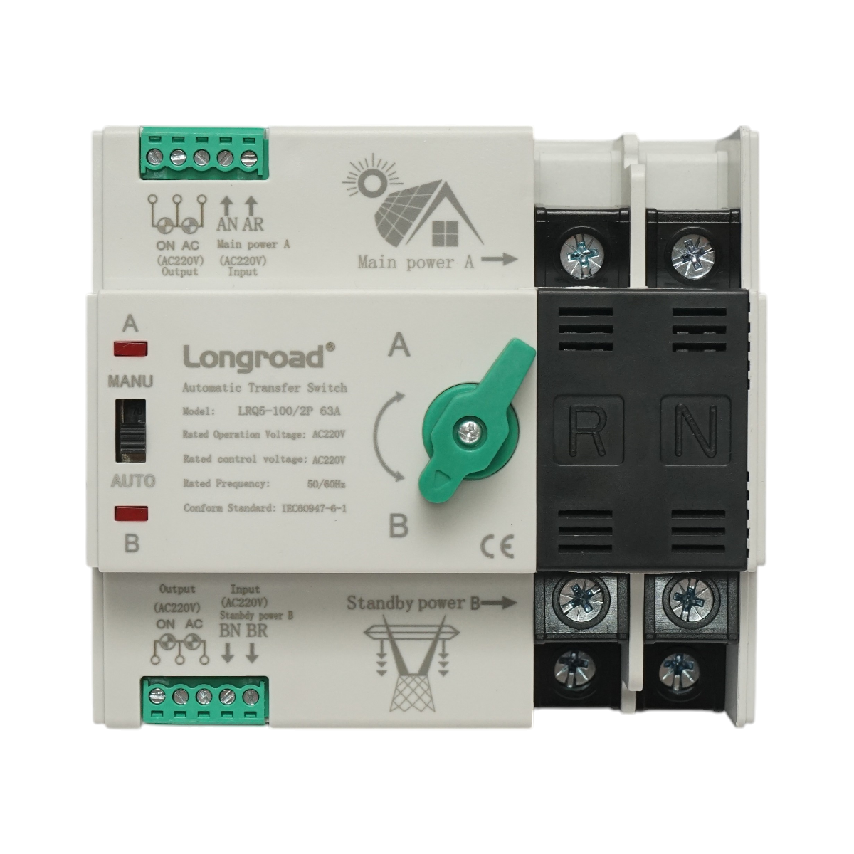 Comutator ATS 220V monofazat, separator automat de la panouri fotovoltaice la retea LRQ5-100/2P 63A Longroad