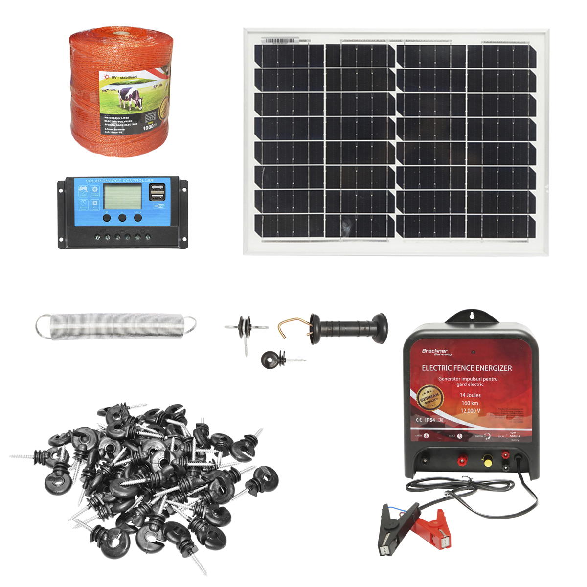 Kit complet gard electric 12V, 14 Joule lungime fir 1000m cu panou solar 20W si 100 izolatori Breckner Germany
