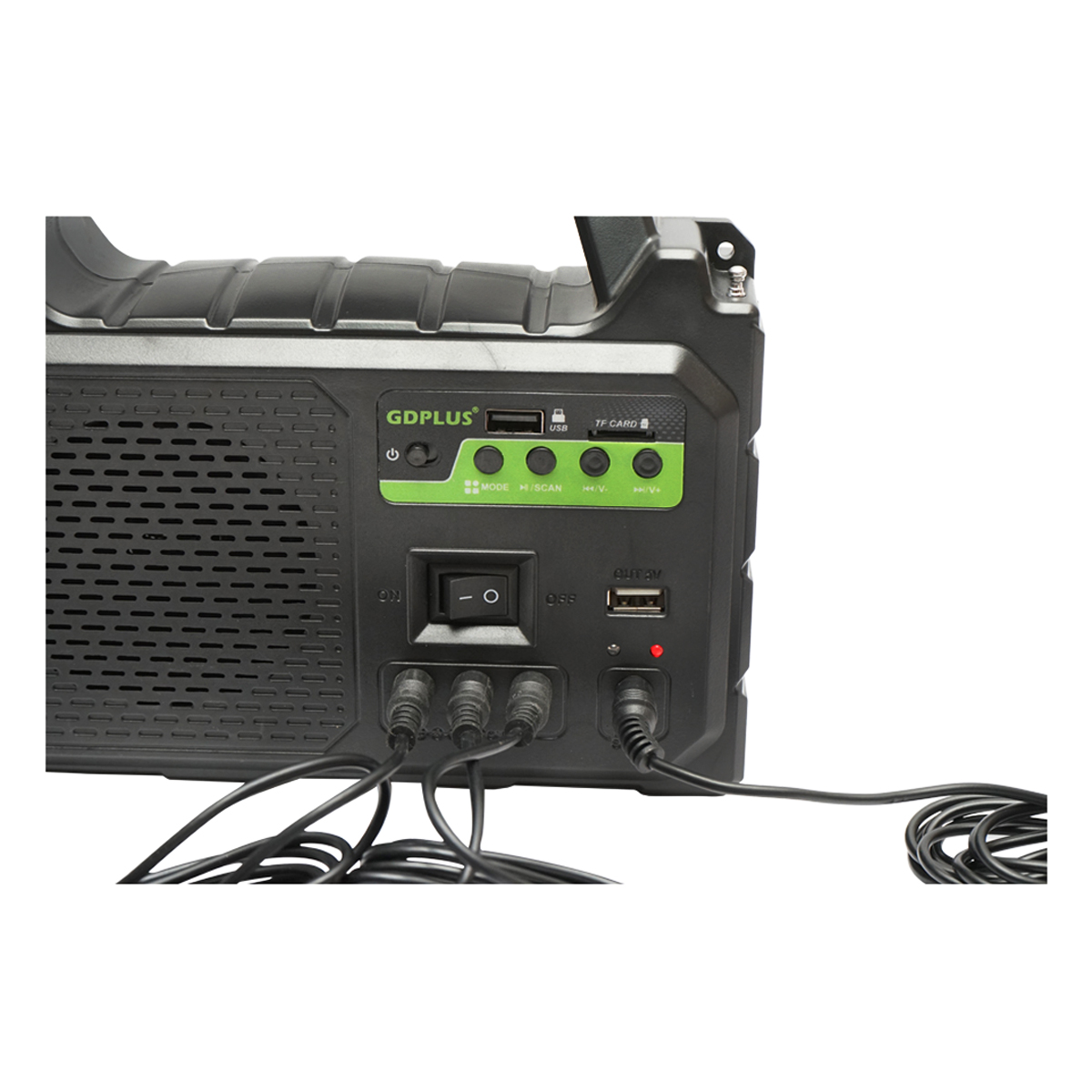 Kit iluminat portabil LED cu 3 becuri/proiector, radio FM, MP3, panou solar si baterie 3.7V, 4500 mAh pentru pescuit camping GD-P30FM – imagine 4