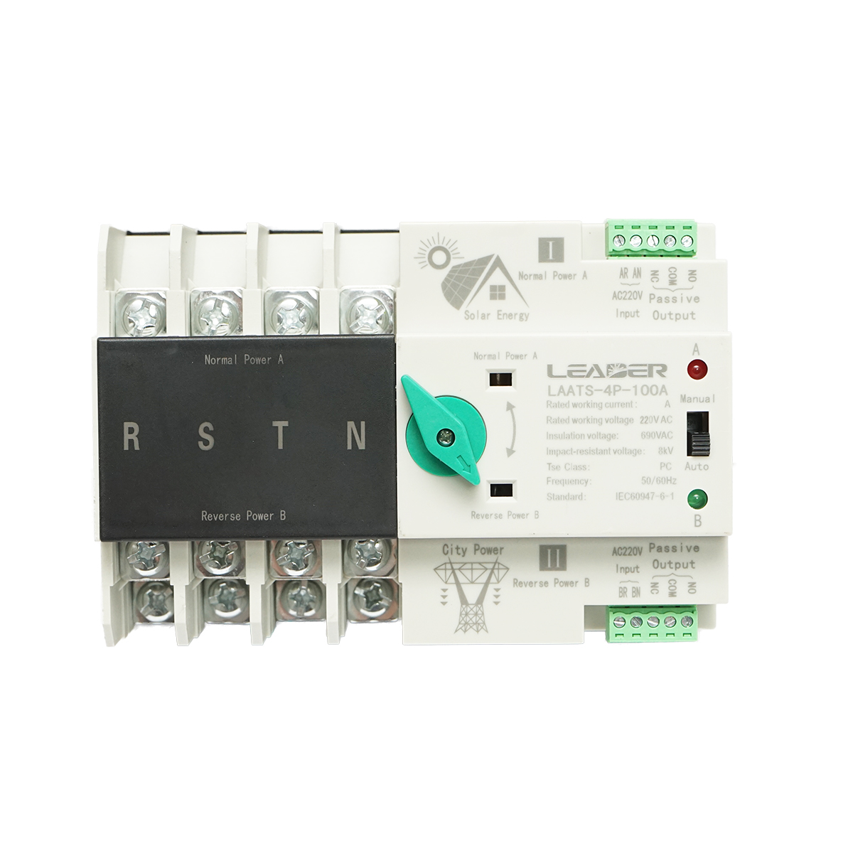 Comutator ATS trifazat 400V Dual Power, separator automat de la panouri fotovoltaice la retea ATS-4P-63A Leader