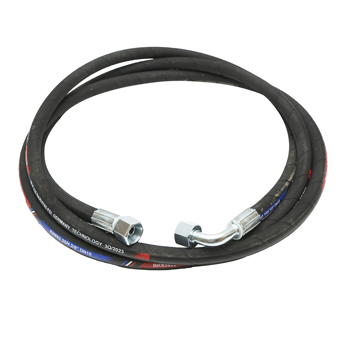 Furtun presiune 3400mm hidraulic 2SN DN10 sertizat cu armaturi 90 grade M20x1,5 si armatura dreapta M20x1,5	