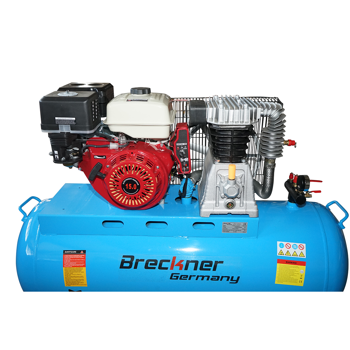 Compresor aer 200L putere 4.8kW/6.5CP presiune 8 Bar, debit 200L/min cu motor pe benzina 15CP si pornire electrica Breckner Germany	 – imagine 4