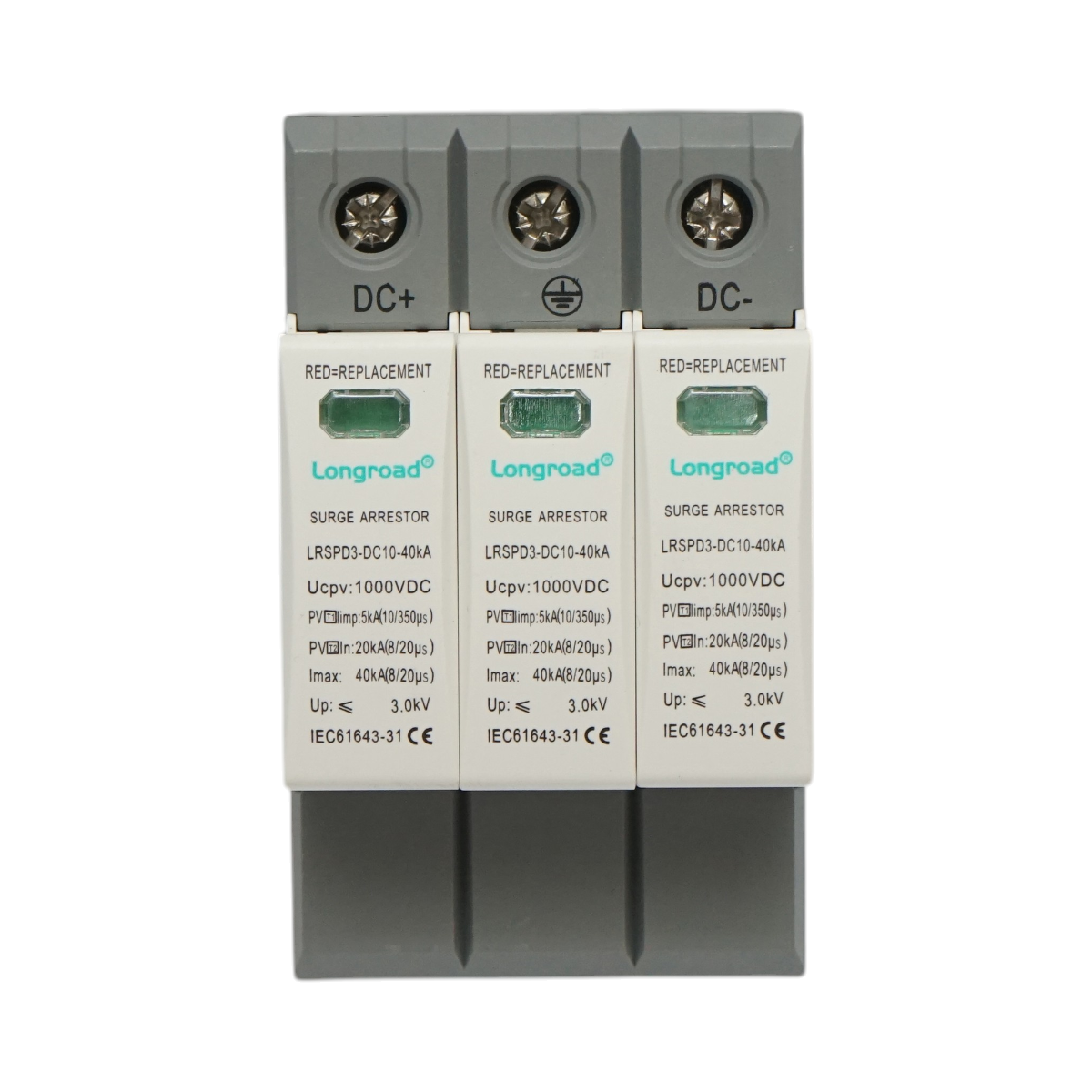 Descarcator la supratensiune cu semnalizare pentru sisteme fotovoltaice DC 3P, 1000VDC Longroad