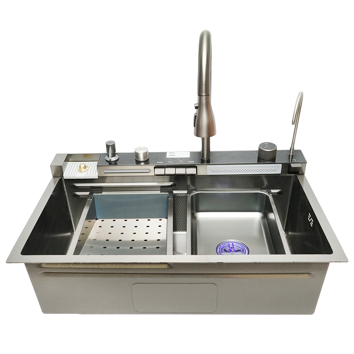 Chiuveta bucatarie multifunctionala din otel inoxidabil cu doua baterii, afisaj digital temperatura, doua cascade, dozator sapun, spalator pahare, scurgator, tava, tocator si accesorii scurgere incluse, dimensiune 75x46x23.5cm
