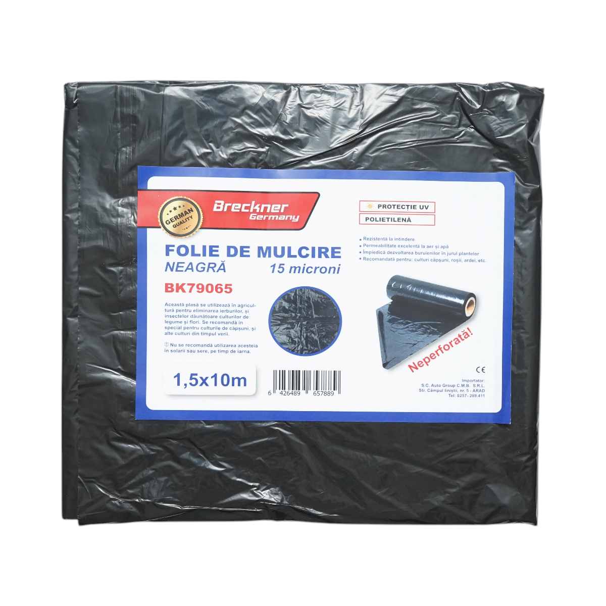 Set 10 folii mulcire anti buruieni 1.5x10m, 15 microni, neagra neperforata, protectie UV Breckner Germany