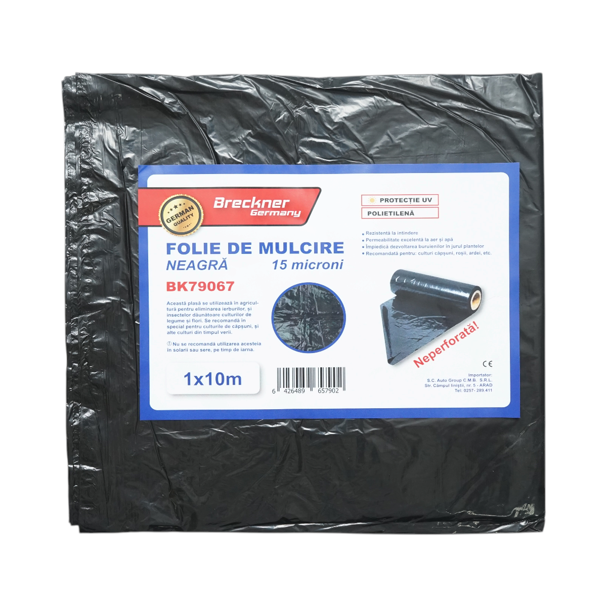 Set 10 folii mulcire anti buruieni 1x10m, 15 microni, neagra neperforata, protectie UV Breckner Germany