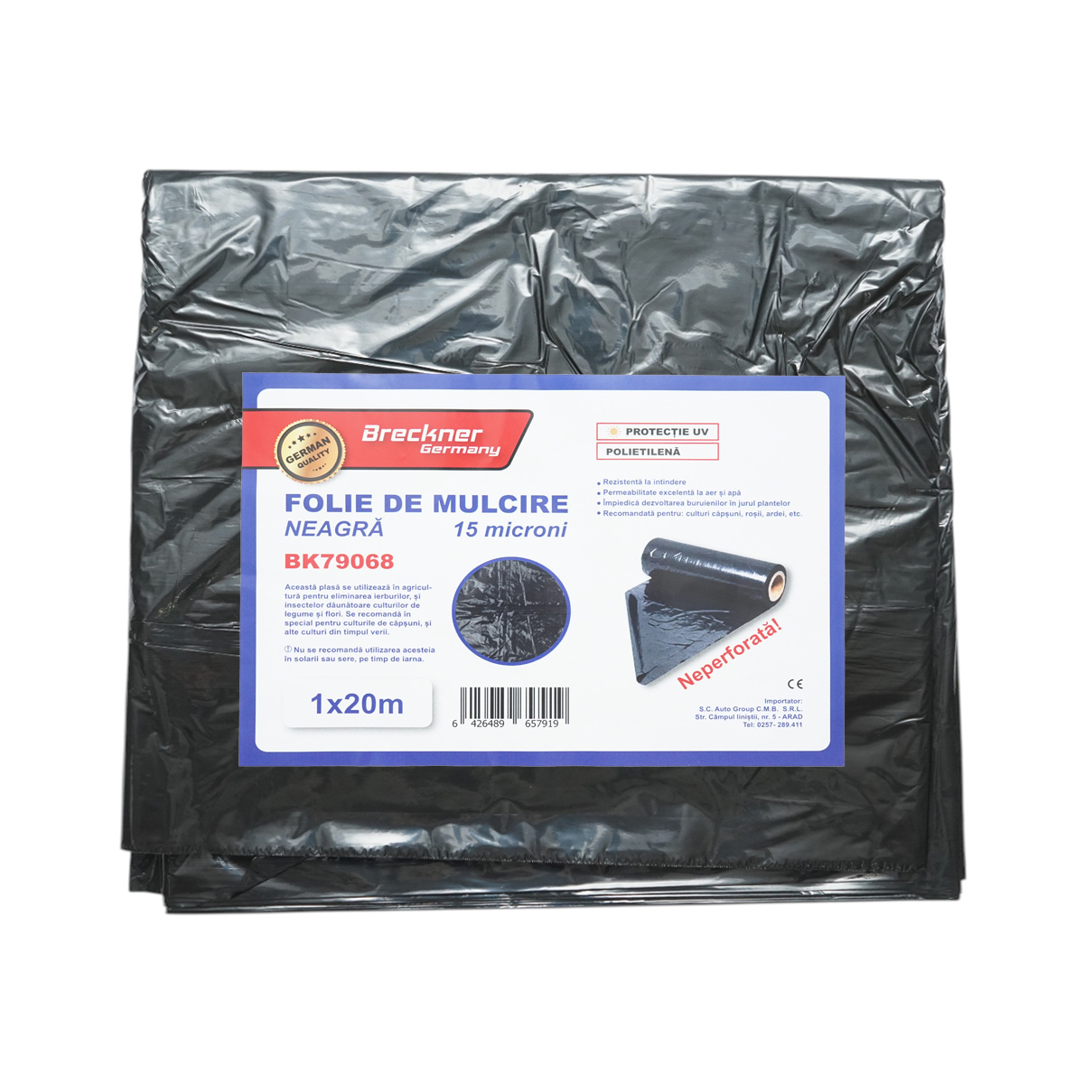 Set 10 folii mulcire anti buruieni 1x20m, 15 microni, neagra neperforata, protectie UV Breckner Germany