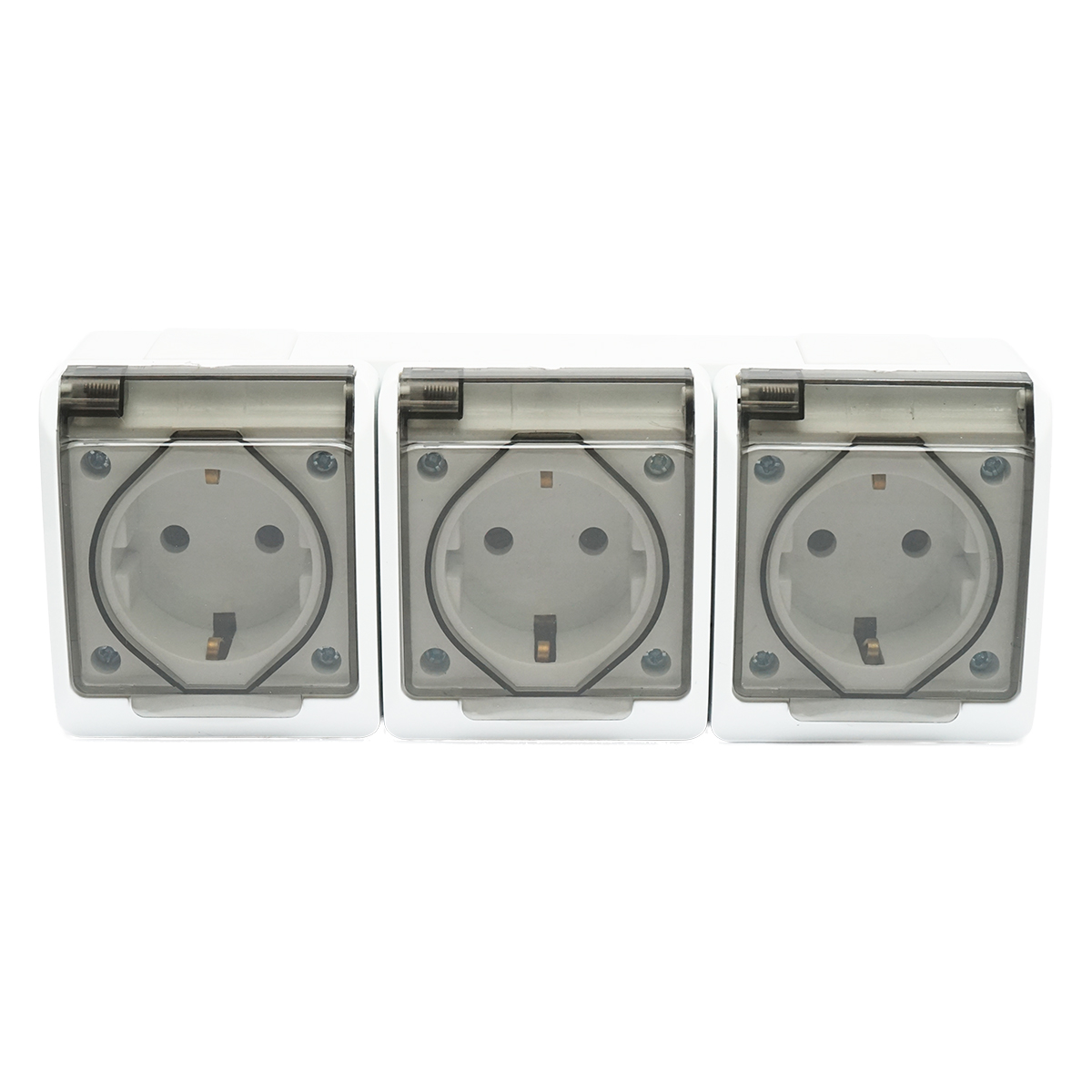 Priza tripla aplicata PT 16A, 250V contact de protectie si capac transparent IP44 Breckner Germany
