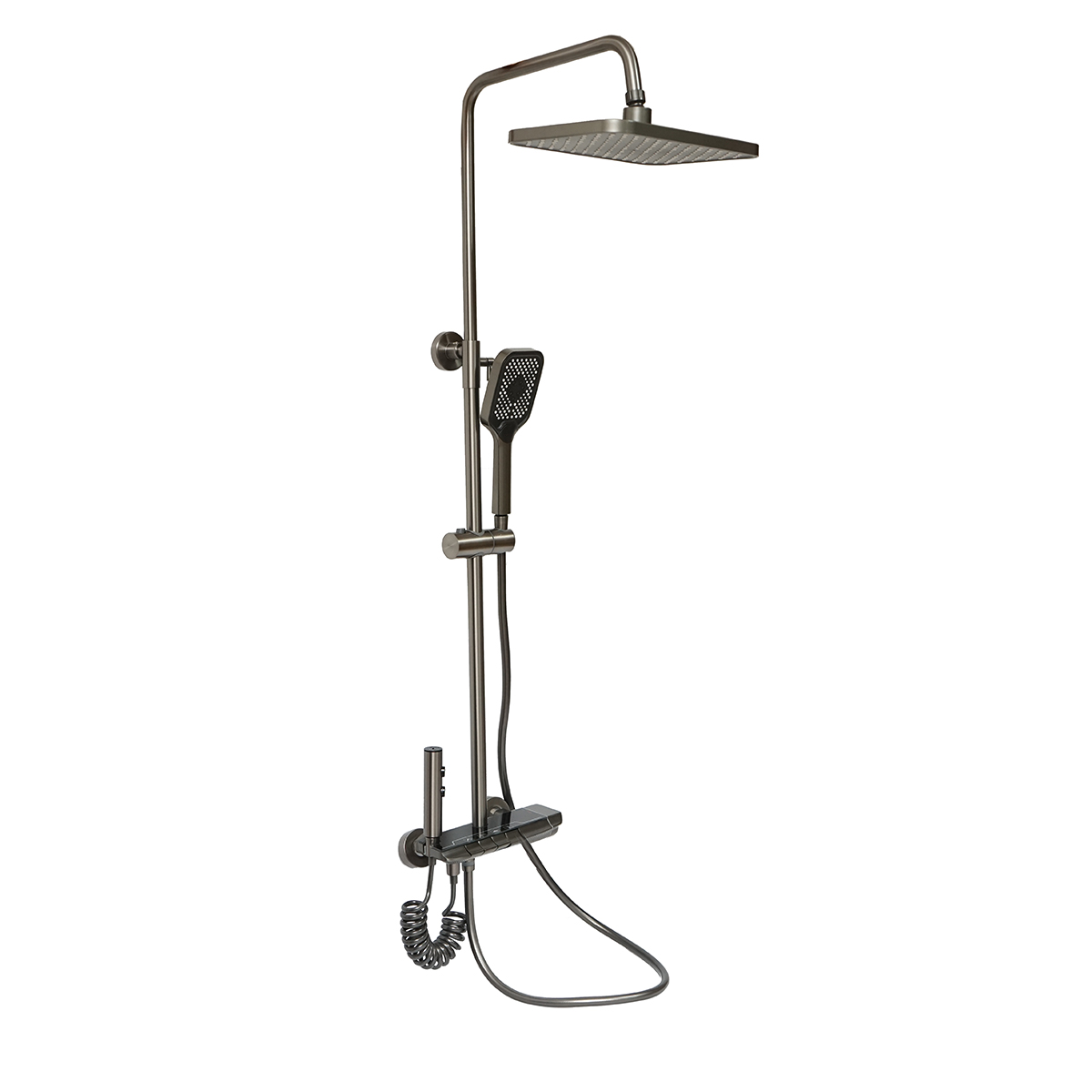 Set dus multifunctional cu termostat, afisaj digital temperatura apa, 4 functii de curgere a apei, pipa cada, dus dreptunghiular, dus de mana, dus bideu, gri