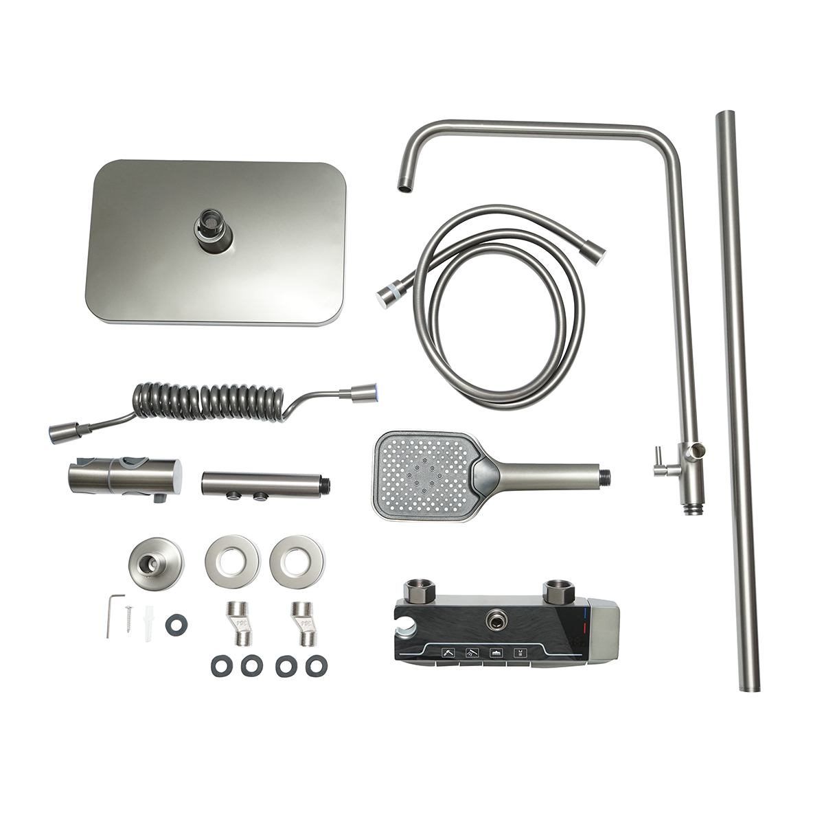 Set dus multifunctional cu termostat, afisaj digital temperatura apa, 4 functii de curgere a apei, pipa cada, dus dreptunghiular, dus de mana, dus bideu, gri – imagine 2