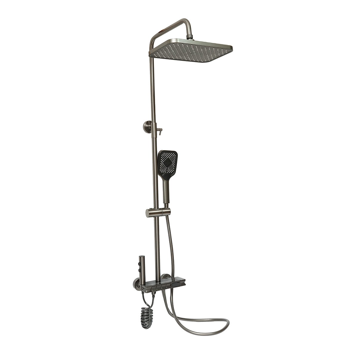 Set dus multifunctional cu termostat, afisaj digital temperatura apa, 4 functii de curgere a apei, pipa cada, dus dreptunghiular, dus de mana, dus bideu, gri