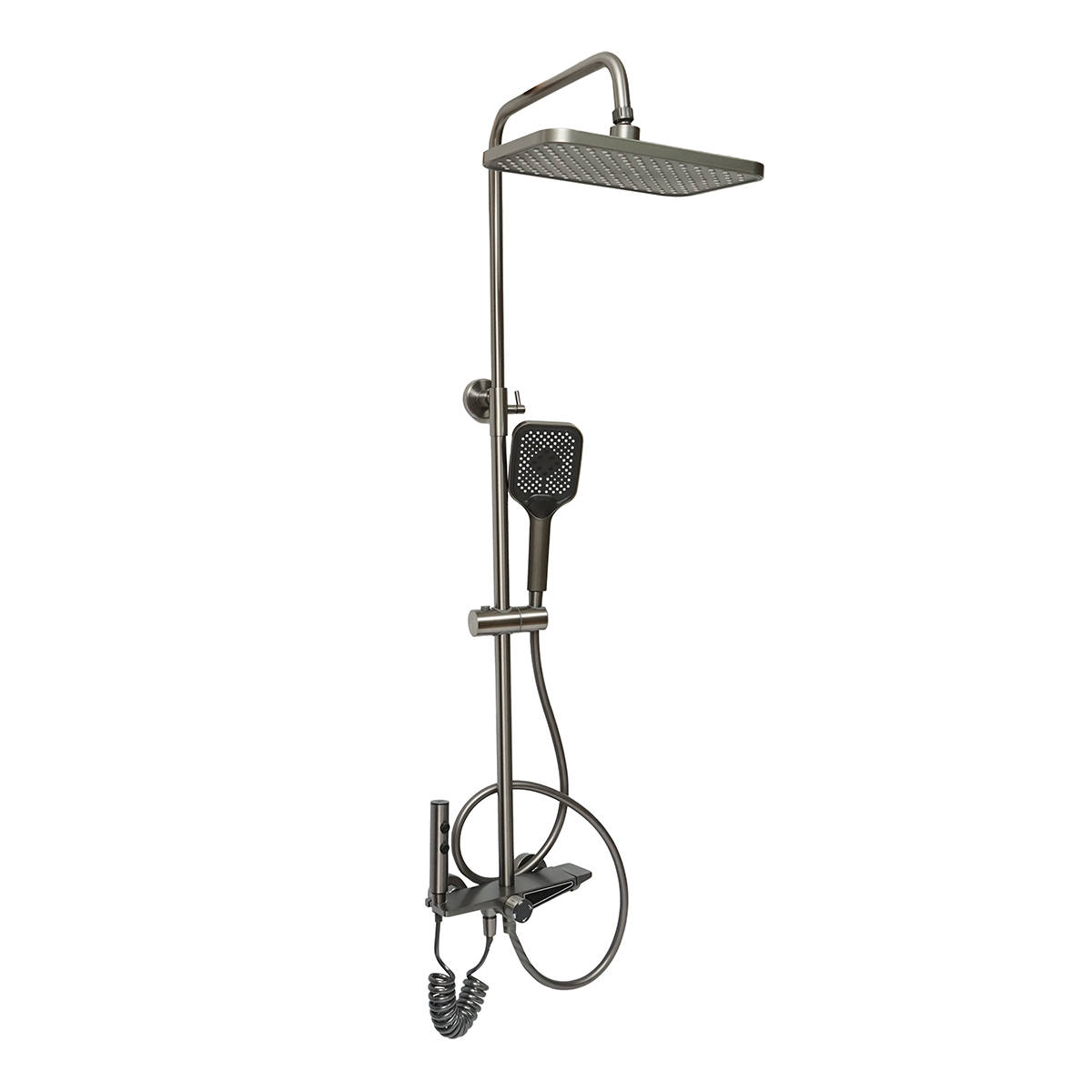 Set dus multifunctional cu termostat, afisaj digital temperatura apa, 4 functii de curgere a apei, pipa cada, dus dreptunghiular, dus de mana, dus bideu, gri