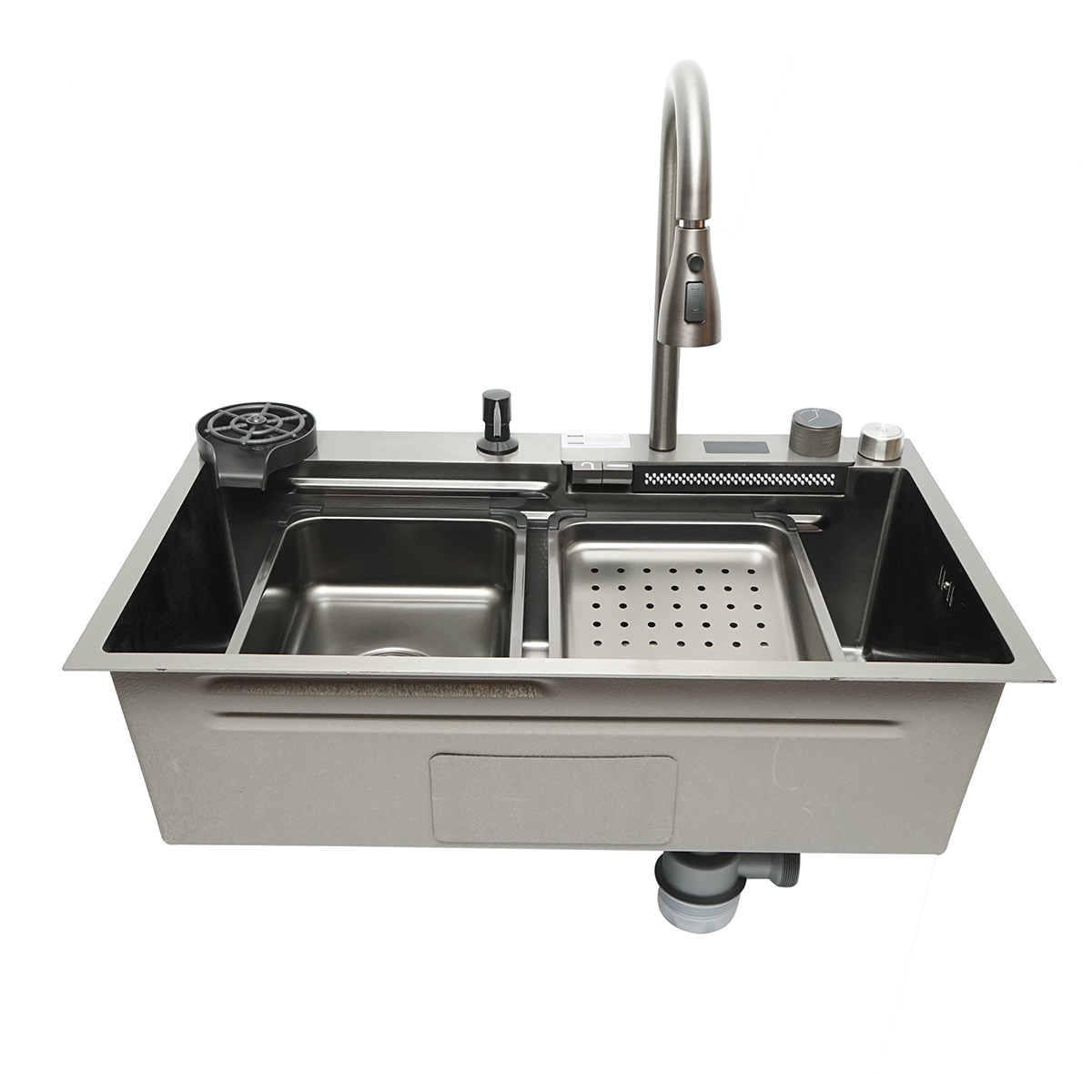 Chiuveta bucatarie multifunctionala din otel inoxidabil cu afisaj digital temperatura, functie cascada, spalator pahare, dozator sapun, scurgator, tava, tocator si accesorii incluse, dimensiune 75x46x23.5cm
