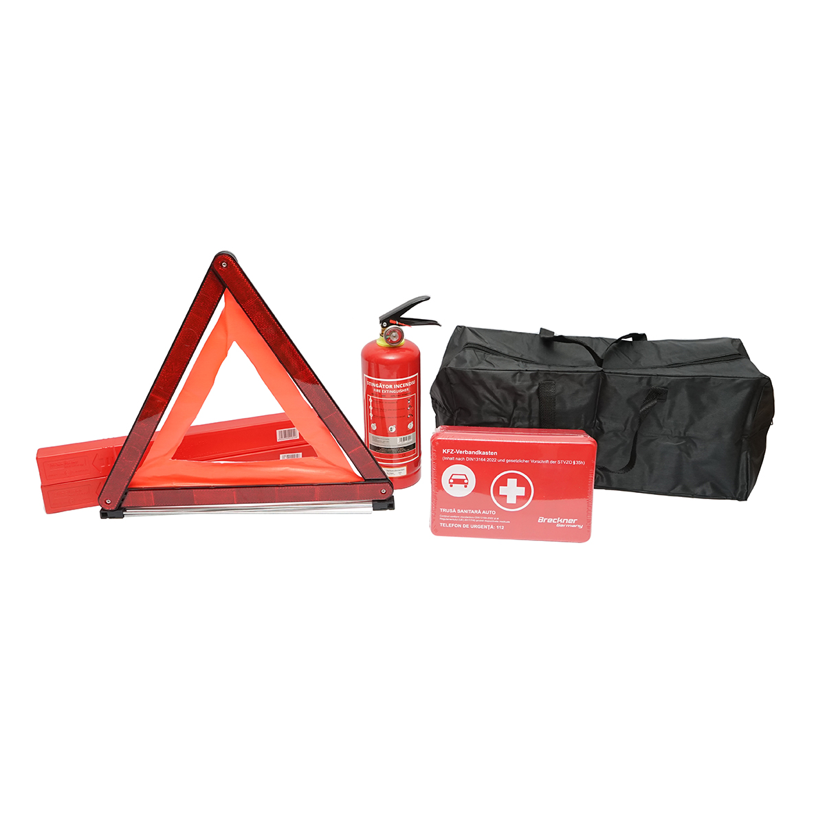 Kit siguranta auto, pachet legislativ obligatoriu de prim ajutor, trusa medicala, stingator, 2 triunghiuri Breckner Germany – imagine 2