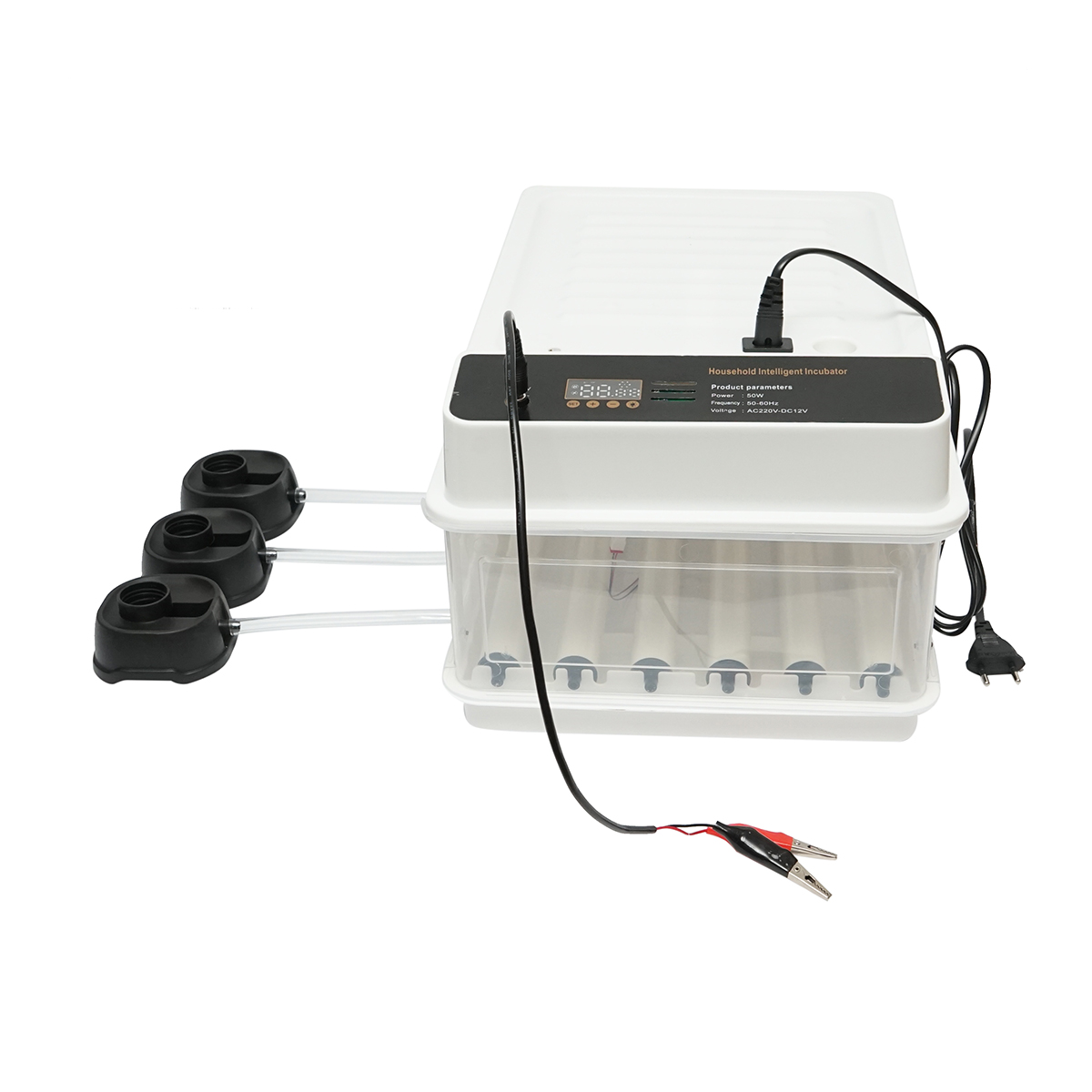 Incubator automat 30 oua 50W, 12V-220V cu rotire automata, control temperatura, umiditate, afisaj digital