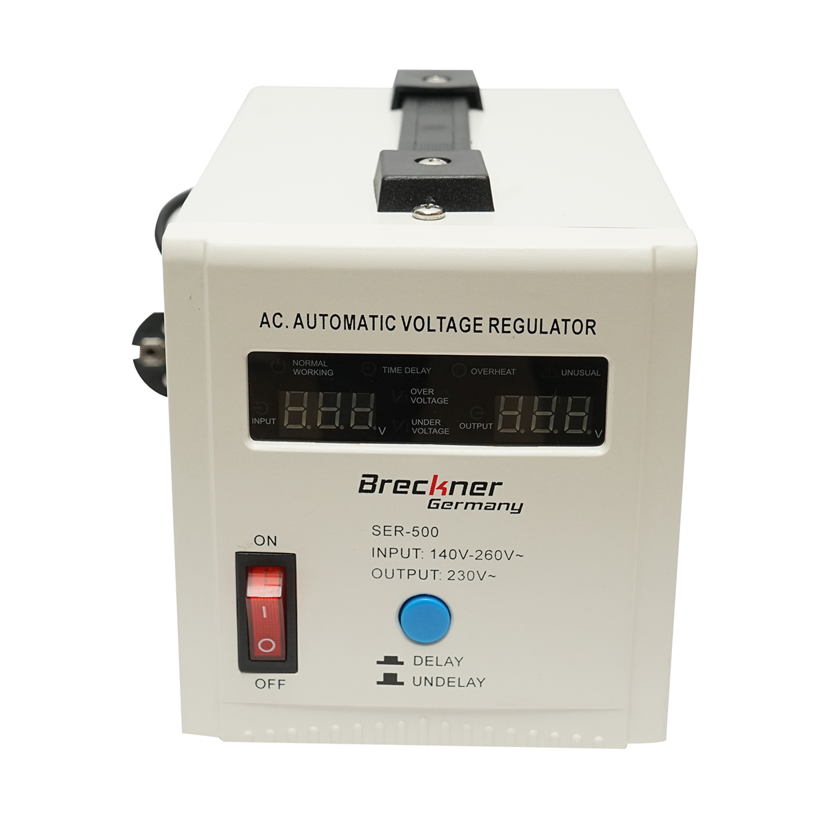 Stabilizator automat de tensiune 500VA, 140-260V cu releu monofazat, 2 prize schuko 230V, afisaj LCD Breckner Germany