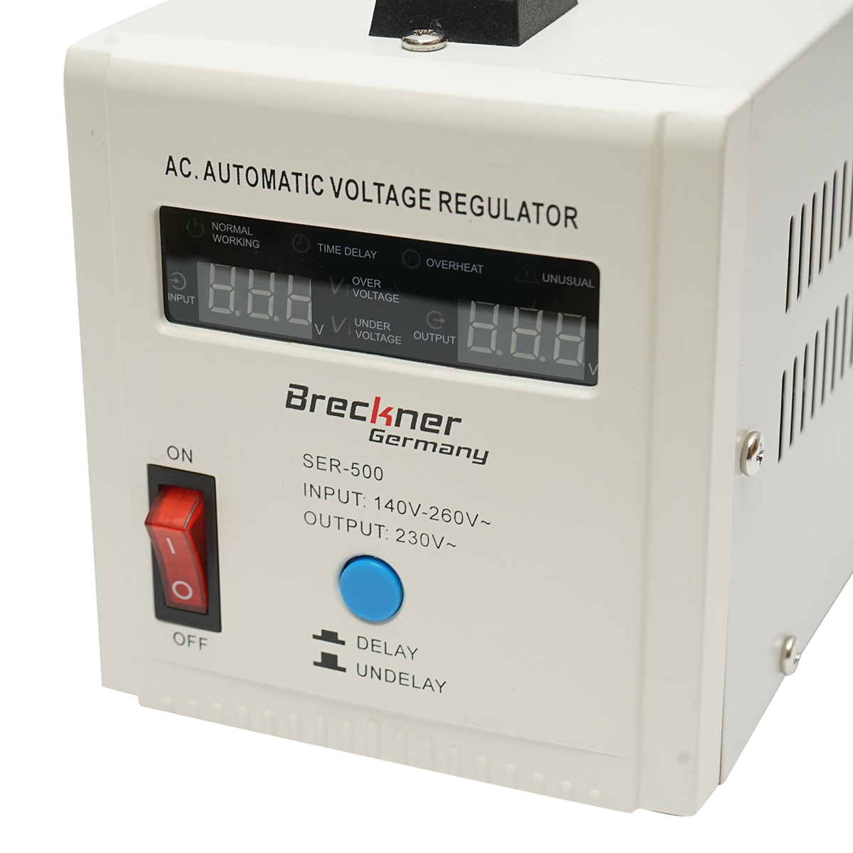 Stabilizator automat de tensiune 500VA, 140-260V cu releu monofazat, 2 prize schuko 230V, afisaj LCD Breckner Germany – imagine 4