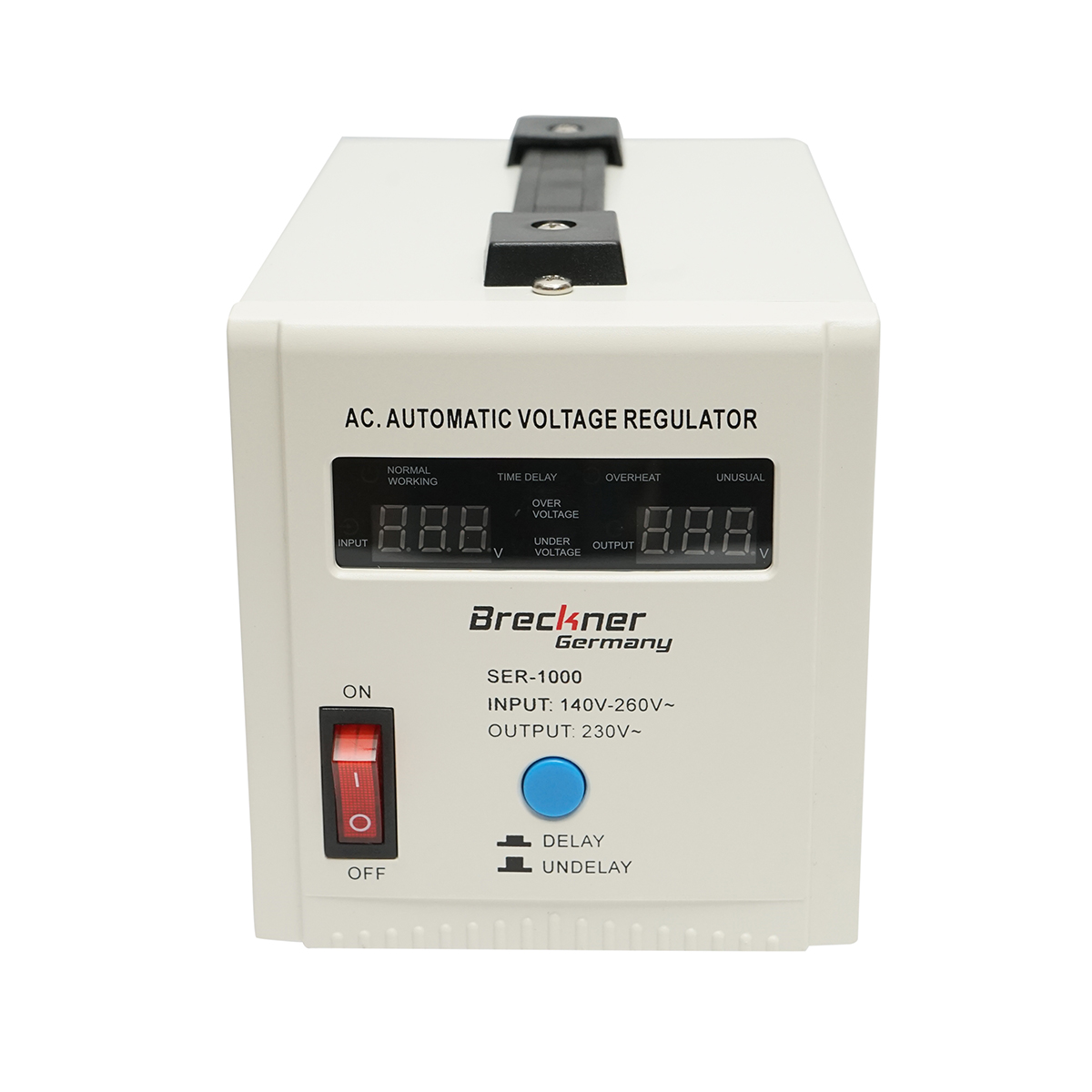 Stabilizator automat de tensiune 1000VA, 140-260V cu releu monofazat, 2 prize schuko 230V, afisaj LCD Breckner Germany