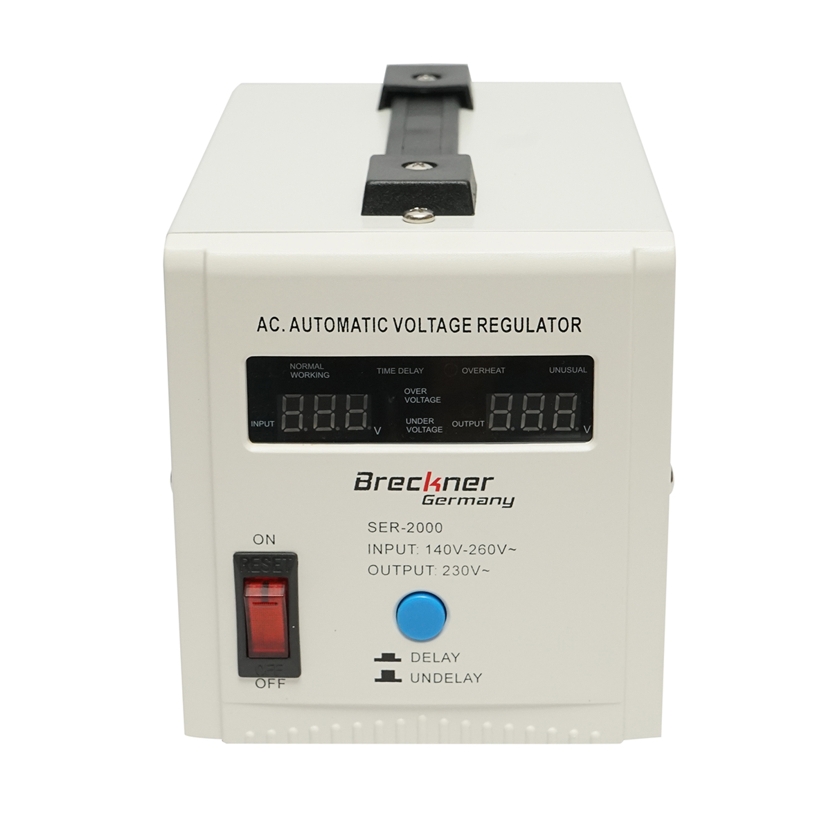 Stabilizator automat de tensiune monofazic cu releu 2000VA, 140-260V, 2 prize schuko 230V, afisaj LCD Breckner Germany