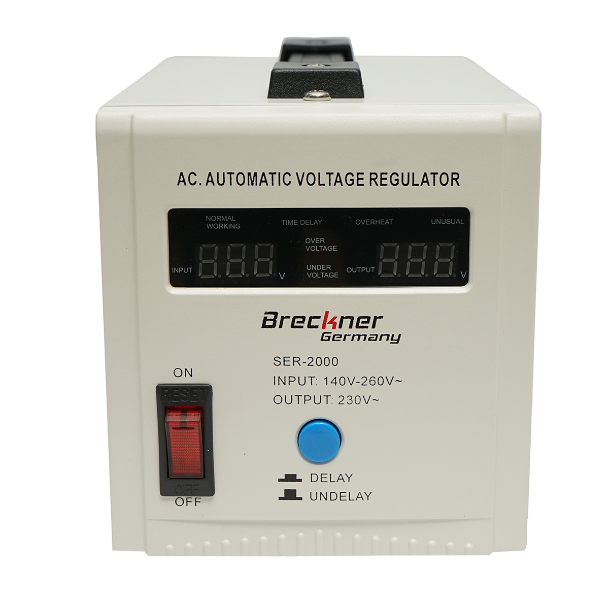 Stabilizator automat de tensiune monofazic cu releu 2000VA, 140-260V, 2 prize schuko 230V, afisaj LCD Breckner Germany – imagine 4