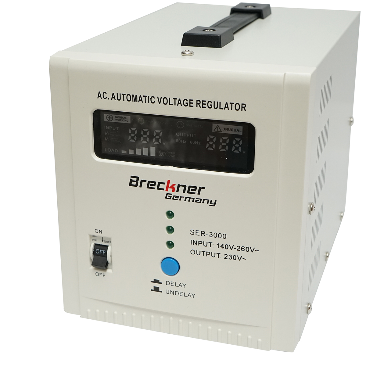 Stabilizator automat de tensiune 3000VA, 140-260V cu releu monofazat, 2 prize schuko 230V, afisaj LCD Breckner Germany – imagine 4