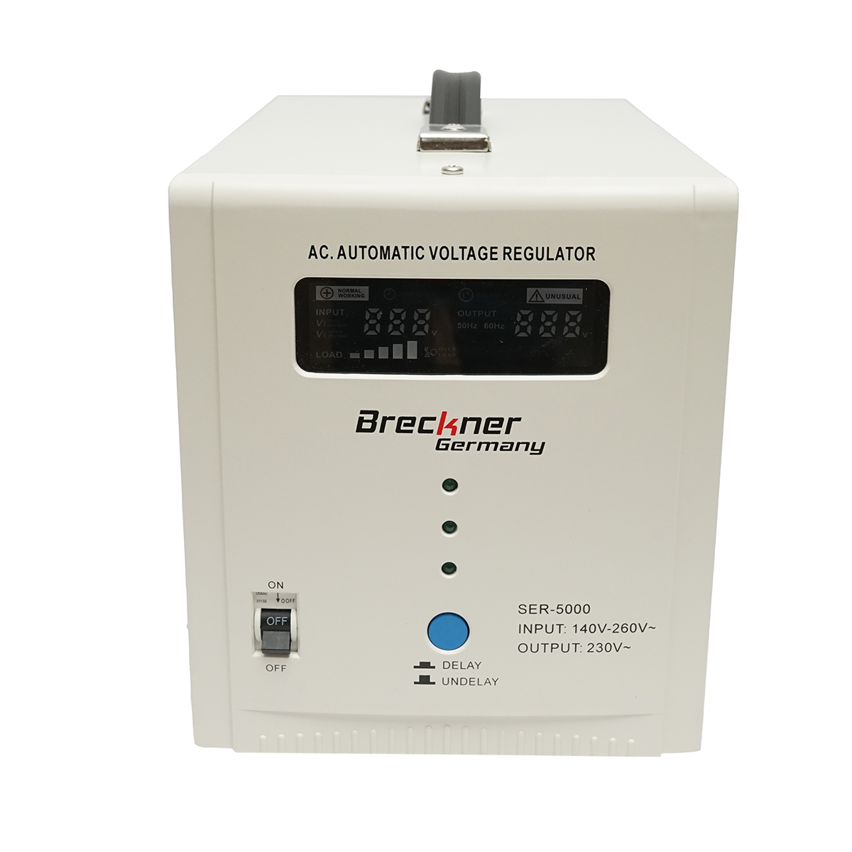 Stabilizator automat de tensiune 5000VA, 140-260V cu releu monofazat, 2 prize schuko 230V, afisaj LCD Breckner Germany