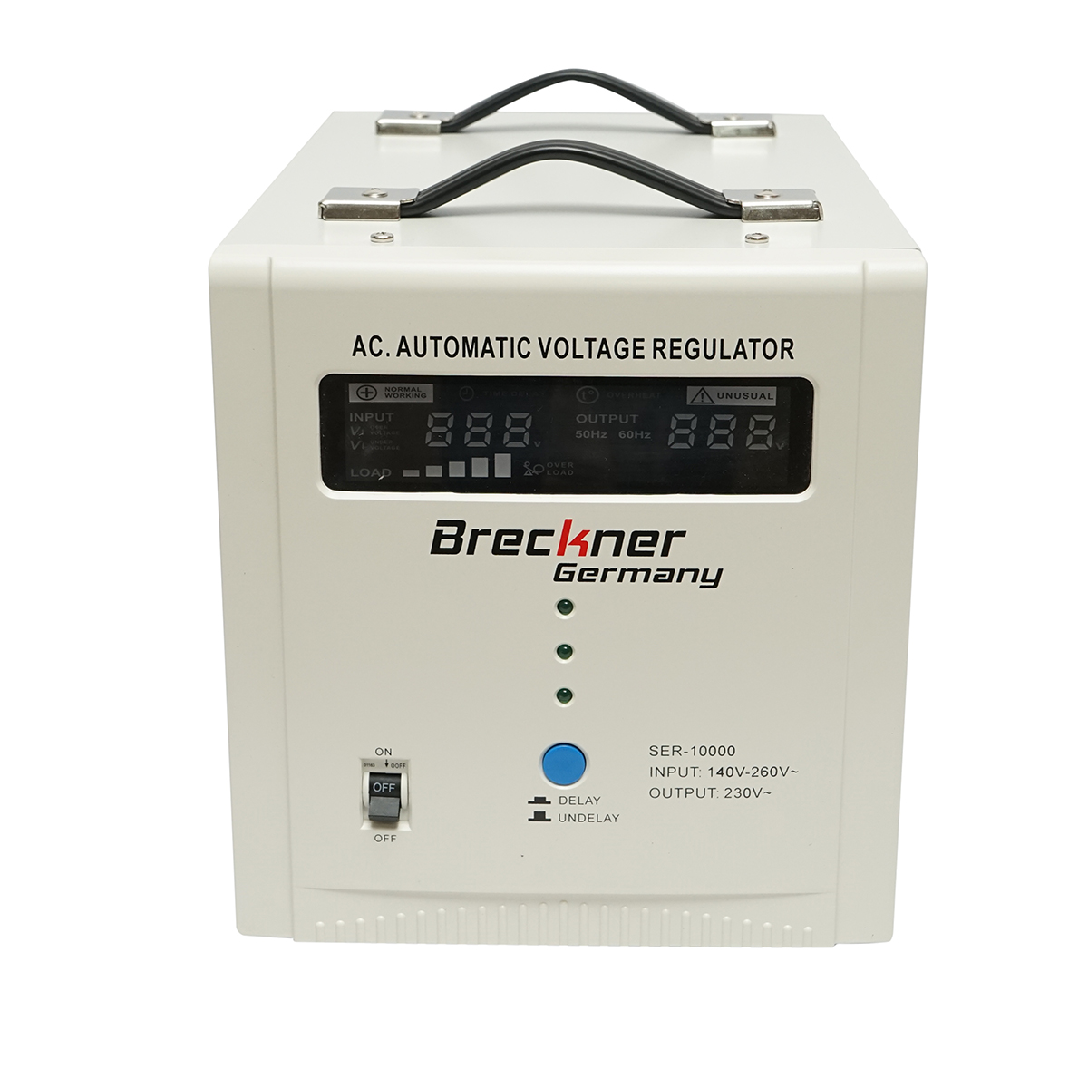 Stabilizator automat de tensiune 10000VA, 140-260V cu releu monofazat, 2 prize schuko 230V, afisaj LCD Breckner Germany