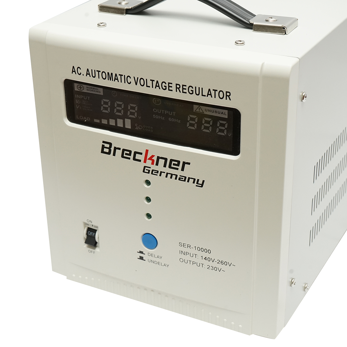 Stabilizator automat de tensiune 10000VA, 140-260V cu releu monofazat, 2 prize schuko 230V, afisaj LCD Breckner Germany – imagine 4
