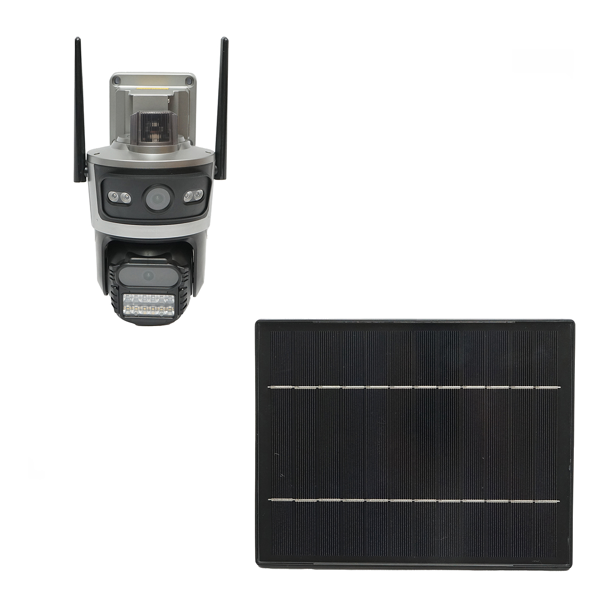 Camera supraveghere lentila duala 4 MP, 4G cu panou solar 7.6W, baterie 18650 incarcare rapida, rotativa 360 grade PTZ cu senzor de miscare, detectie umana PIR, alarma, night vision si aplicatie iCSee
