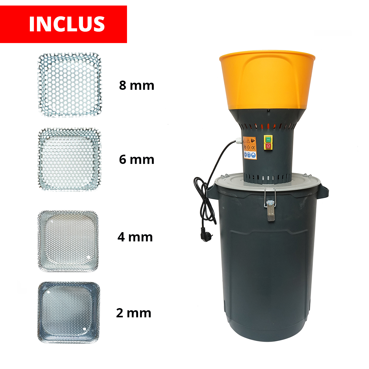 Moara cereale electrica 1.3 KW, 220V, oprire automata, rezervor 60L, 19000 r/min, capacitate 350 Kg/h, 5 site incluse