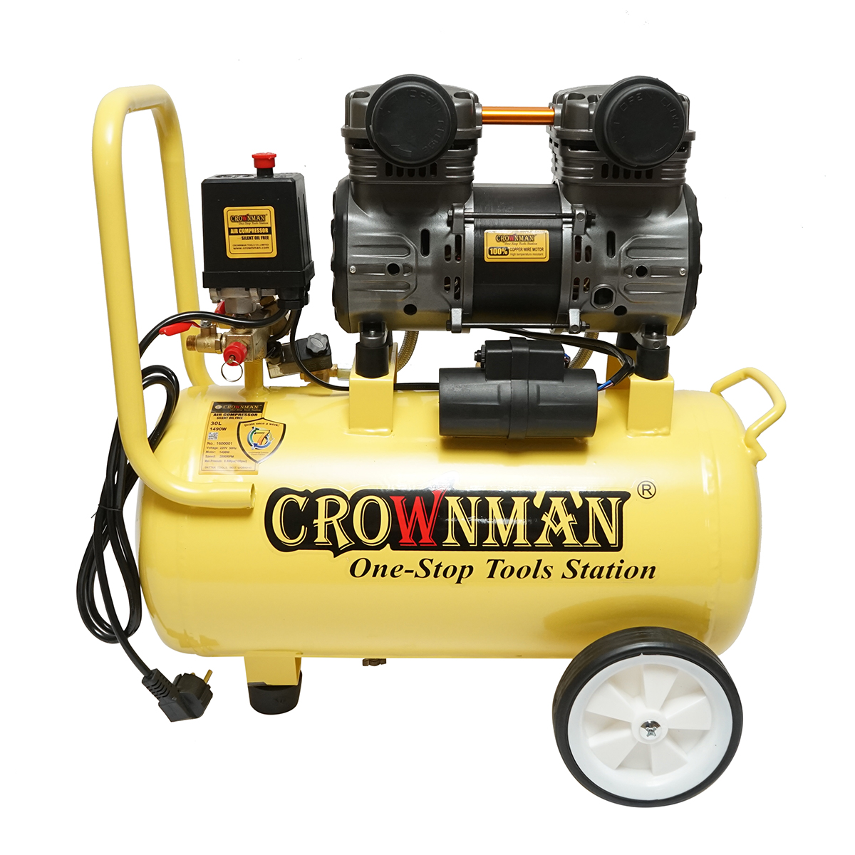 Compresor aer 30L fara ulei silentios, putere motor 1.5KW/2CP presiune maxima 8 bar, volum aer aspirat 130 L/min Crownman