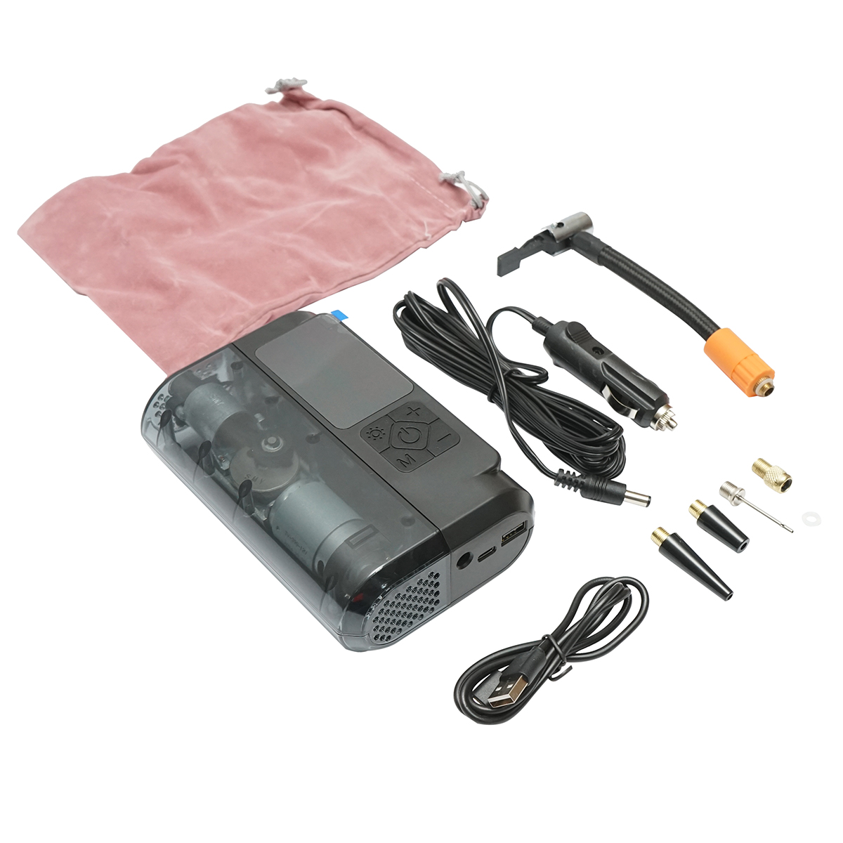 Compresor aer umflat roti smart portabil digital 12V/100W, baterie 3x2000mAh, laterna LED, port USB/USB-C 5V/2A, baterie externa, accesorii incluse – imagine 2