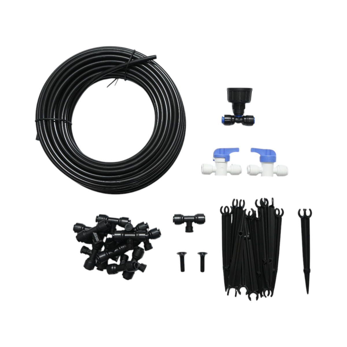 Kit complet irigare prin pulverizare cu furtun 15m, duze, robineti, tije de fixare 30 piese