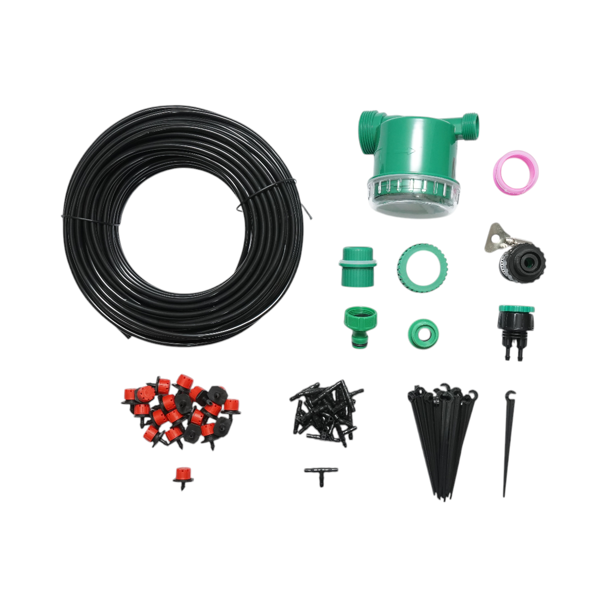 Kit complet irigare prin picurare cu furtun 25m, temporizator, duze, conectori, tije de fixare 66 piese