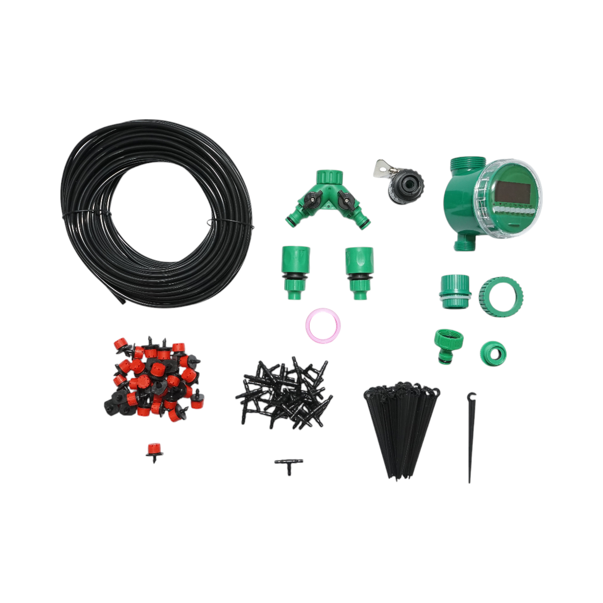 Kit complet irigare prin picurare cu furtun 25m, temporizator, duze, conectori, tije de fixare 100 piese
