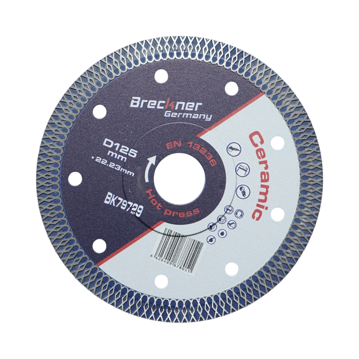 Disc diamantat turbo continuu 125x22.23mm, segment 10mm pentru gresie, faianta, ceramica dura Breckner Germany