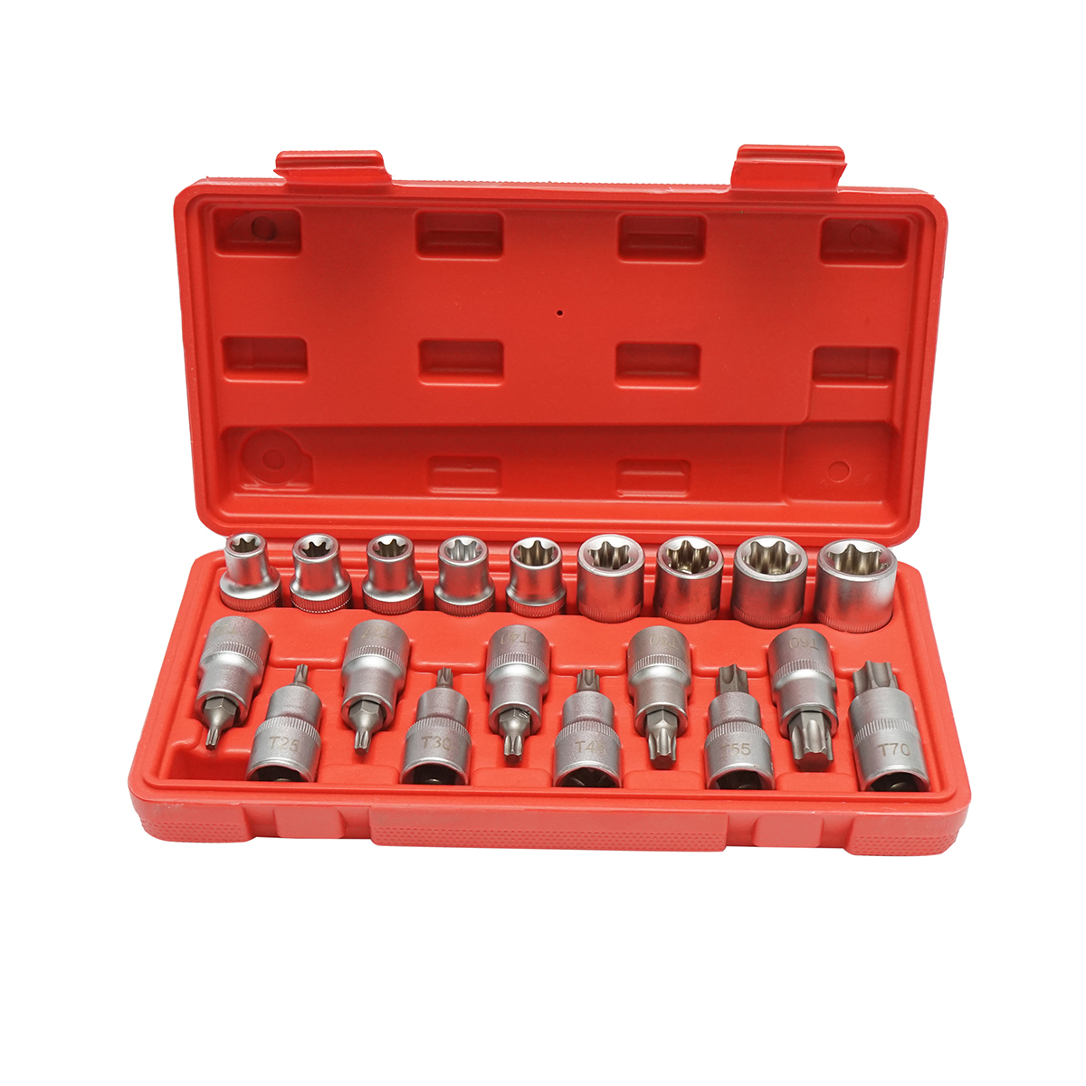 Trusa chei tubulare E-Torx E10-E24, biti torx T20-T70, patrat 1/2 inch 19 piese